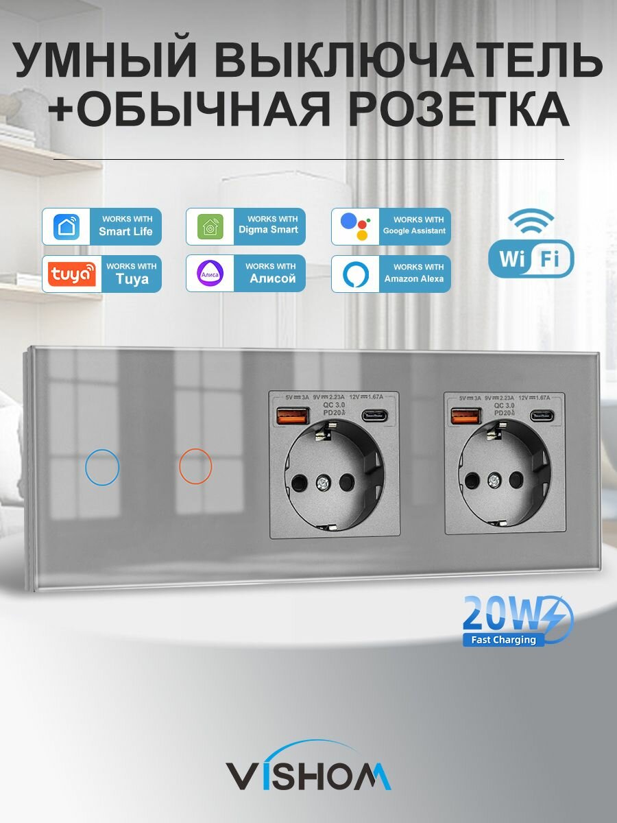 Умный сенсорный WIFI выключатель с розеткой USB и Type C портами в одной стеклянной рамке, двухклавишный +2 обычные розетка с usb быстрая зарядка, Серый