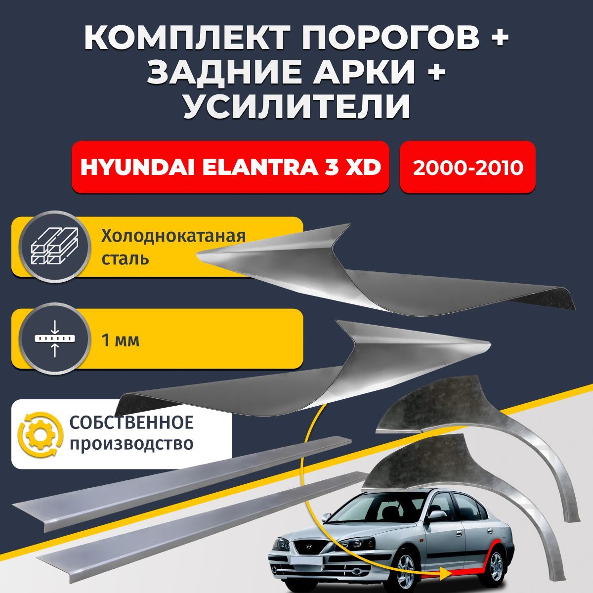 Комплект ремонтных задних арок(0,8 мм) и стандартных порогов + усилители на Hyundai Elantra 3XD седан 2000-2010 (Хендай Элантра ХД). Материал холоднокатаная сталь 1 мм.