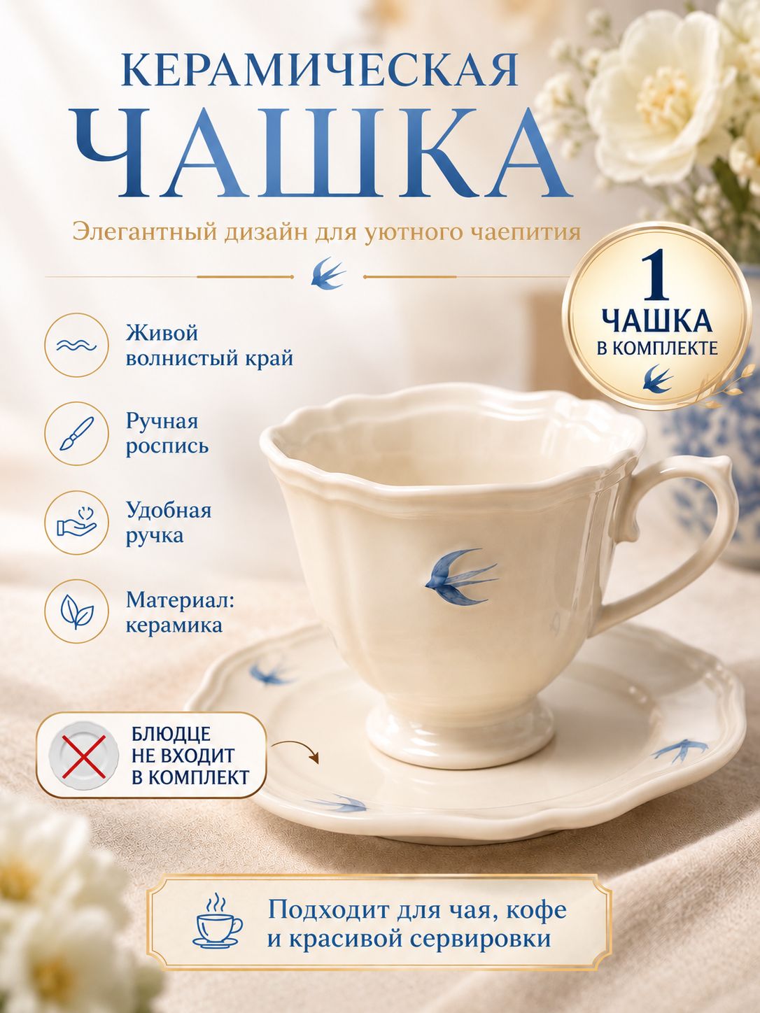 Чайная, кофейная пара "птицы" 250 мл 1 предм. на 1 перс.