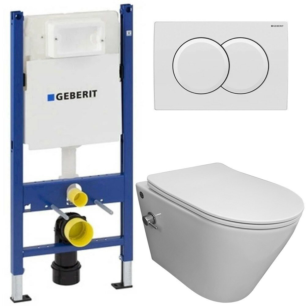Инсталляция Geberit 111.154.11.1 + кнопка смыва Delta01 115.107.11.1 + унитаз Bloomix Enjoy AD1304SB Ceramic+ безободковый с биде и смесителем