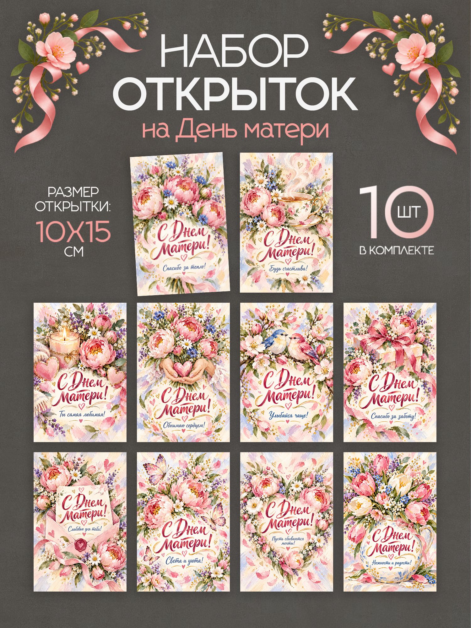 Открытки с Днем матери, 10 шт