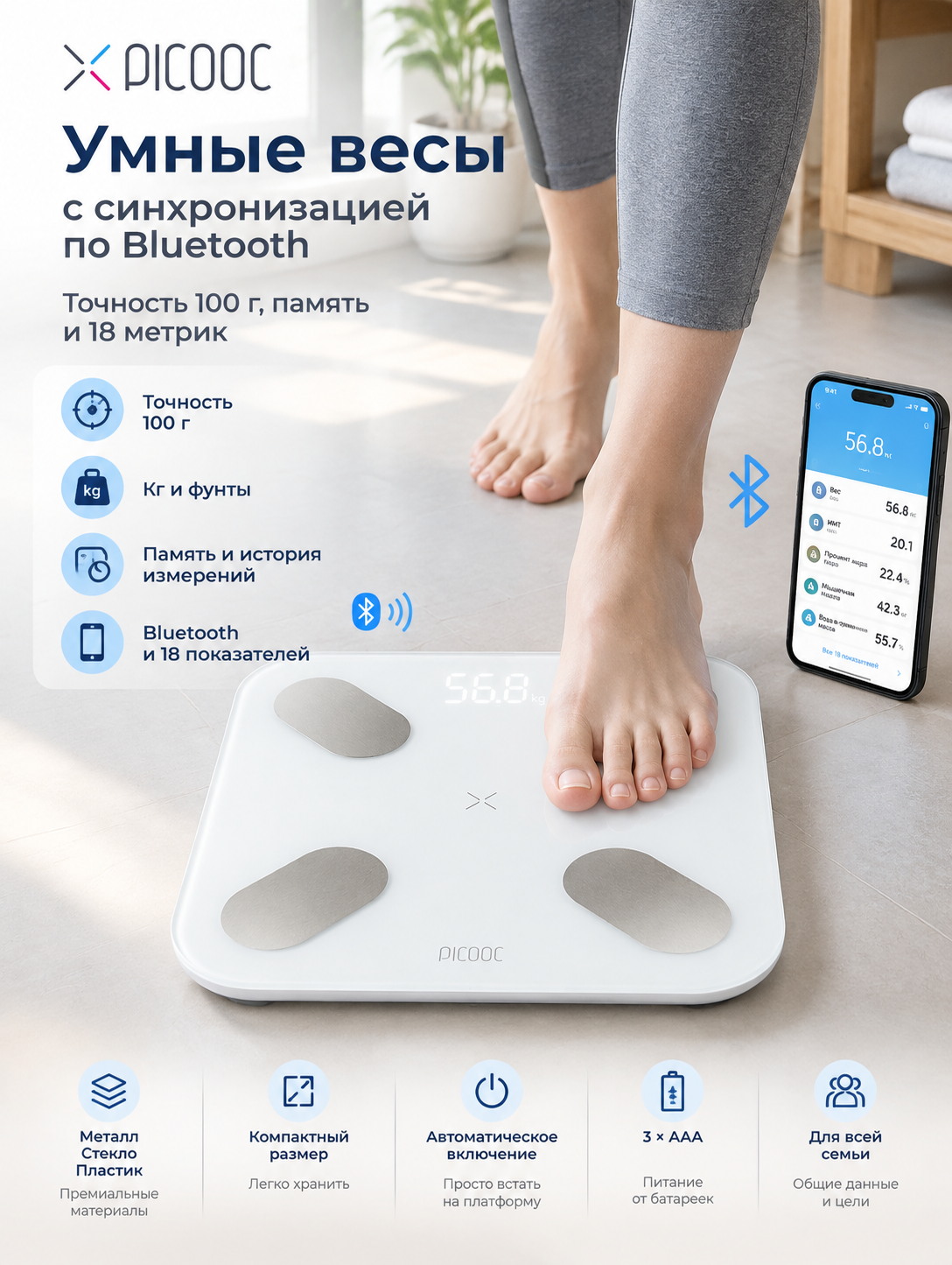 Напольные умные весы с синхронизацией по Bluetooth: точность 100 г, память и 18 метрик