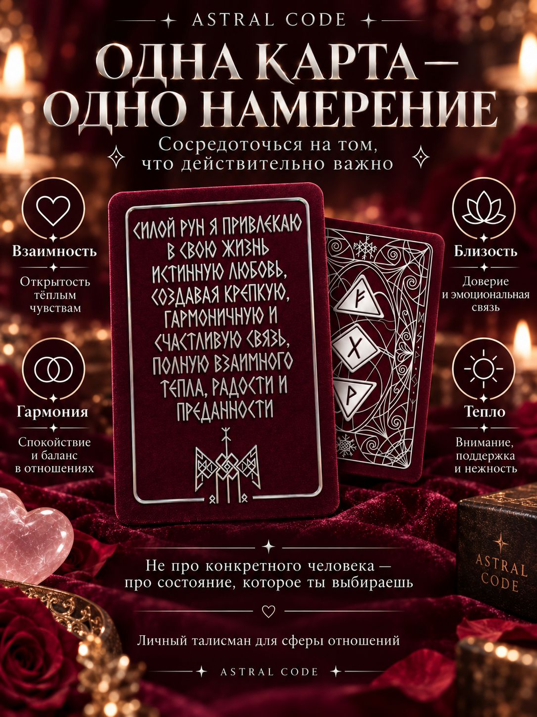 Карта-талисман на любовь с рунами, оберег для отношений и гармонии в кошелек