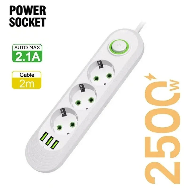 Удлинитель Szaoju 2500 Вт с фильтрацией сети и USB-портами White 3 ports