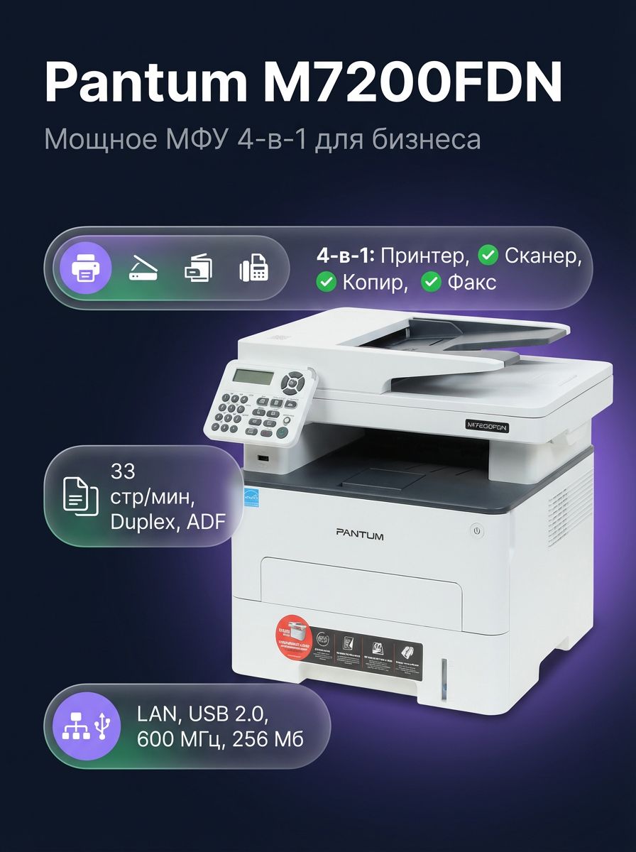 МФУ Pantum M7200FDN лазерное A4, принтер/сканер/копир/факс, 33 стр/мин, дуплекс, ADF, LAN, USB 2.0