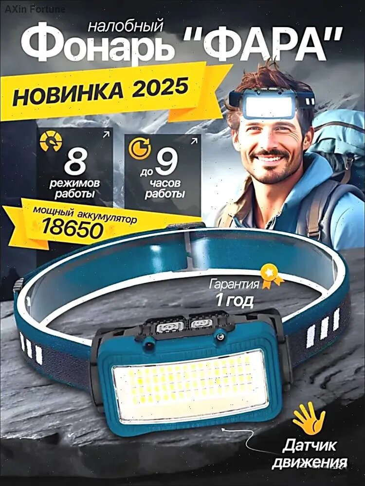 Налобный фонарь, налобный аккумуляторный фонарь синего цвета с дальностью освещения 100 метров и зарядкой USB Type-C