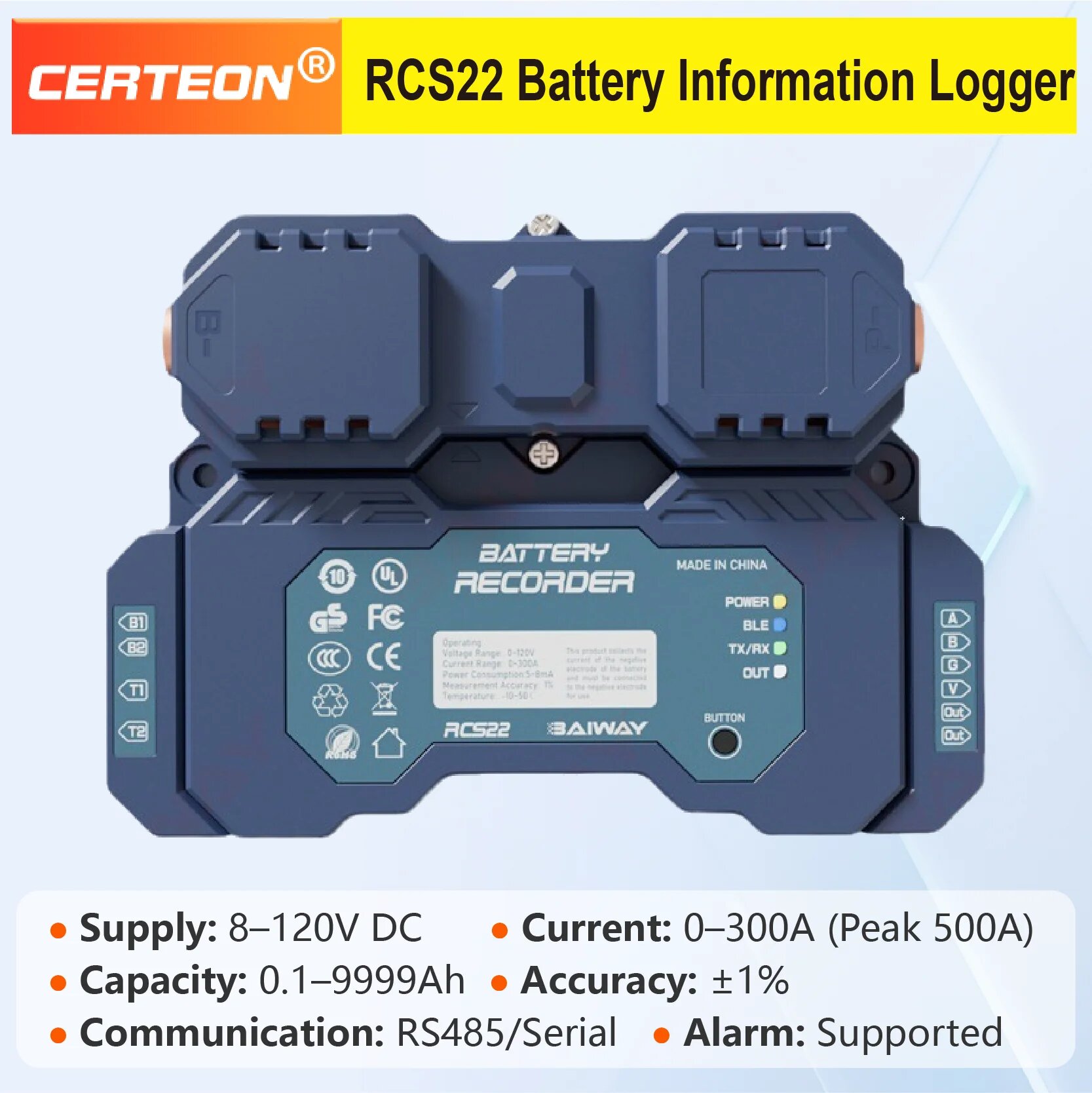Кулонметр RCS22 регистратор информации аккумулятора 8 до 120V 300A высокая точность монитор емкости батареи промышленный интеллектуальный счетчик батареи