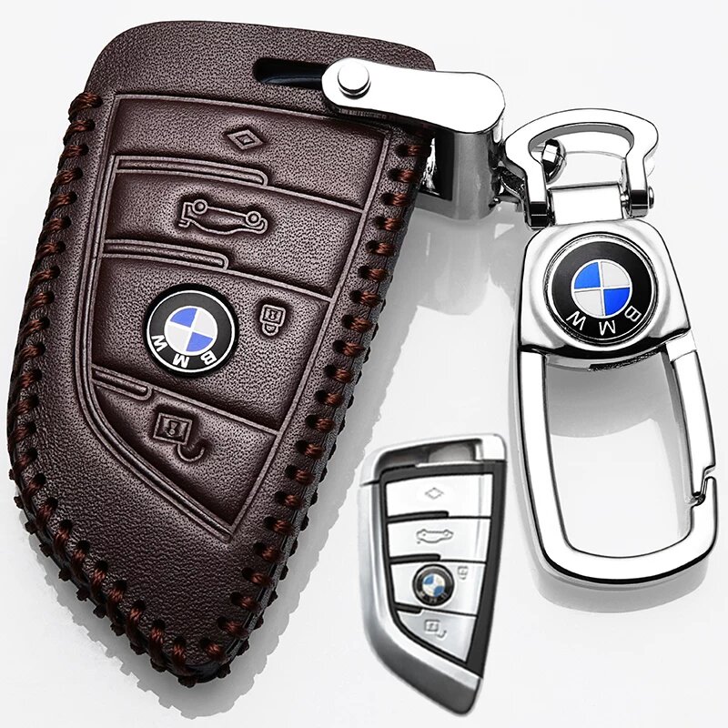 BMW Кожаный чехол для ключа для 5-й серии 3-й серии X1 X3 i3 X5, стиль B, коричневый с креплением, нож 4-кнопочный