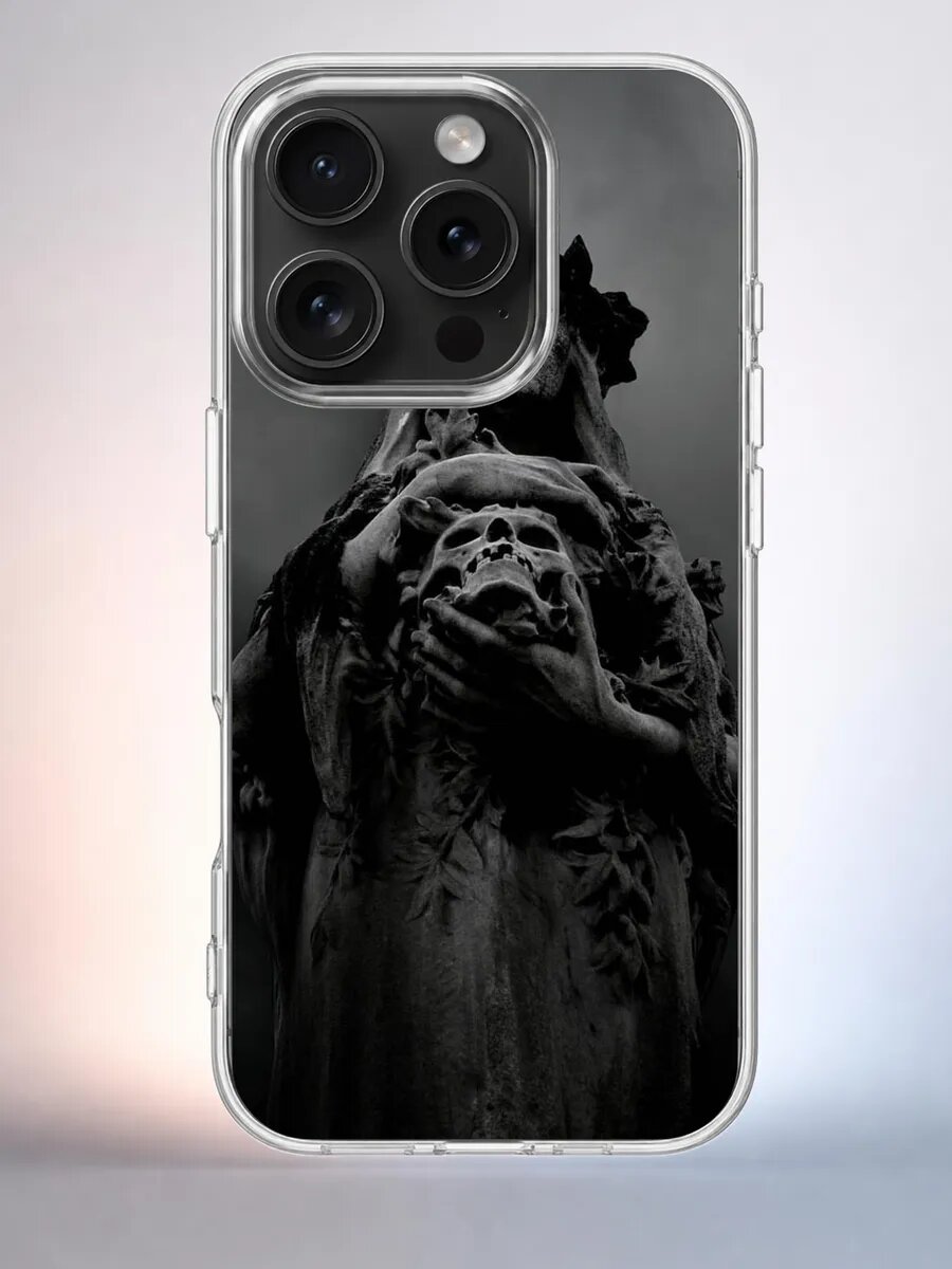 Чехол iPhone 15 Pro череп и статуя силиконовый прозрачный