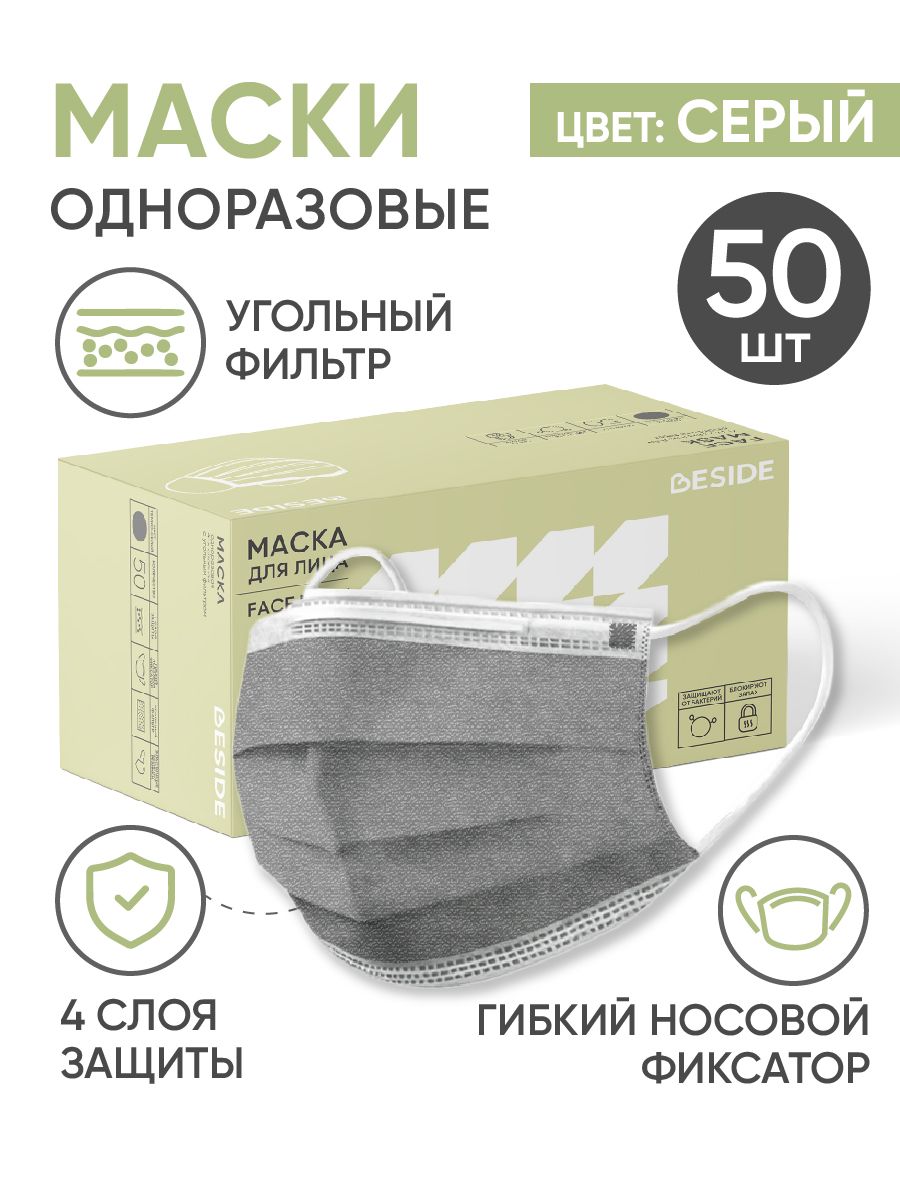 Маски одноразовые, маски с угольным фильтром BESIDE, серые, четырехслойные, 50 шт