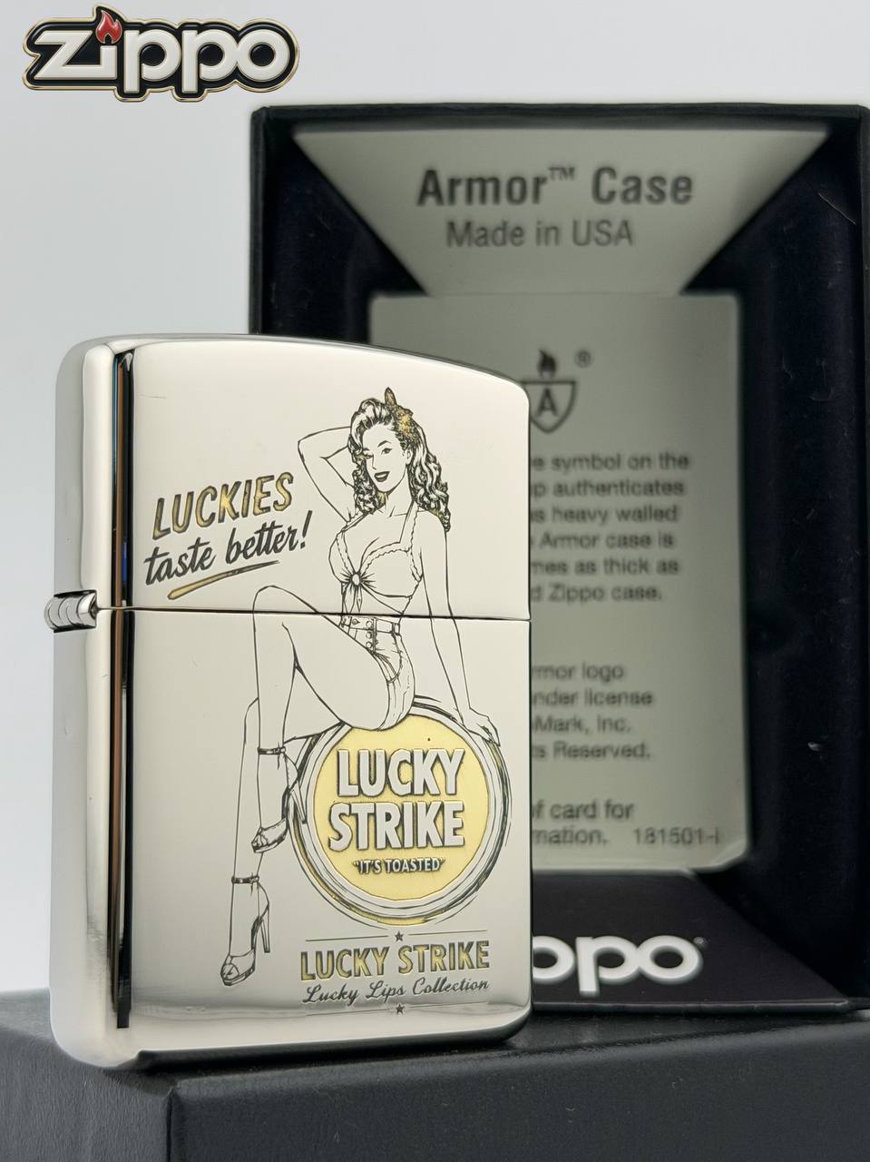 Зажигалка Zippo с гравировкой Lucky Strike pin up