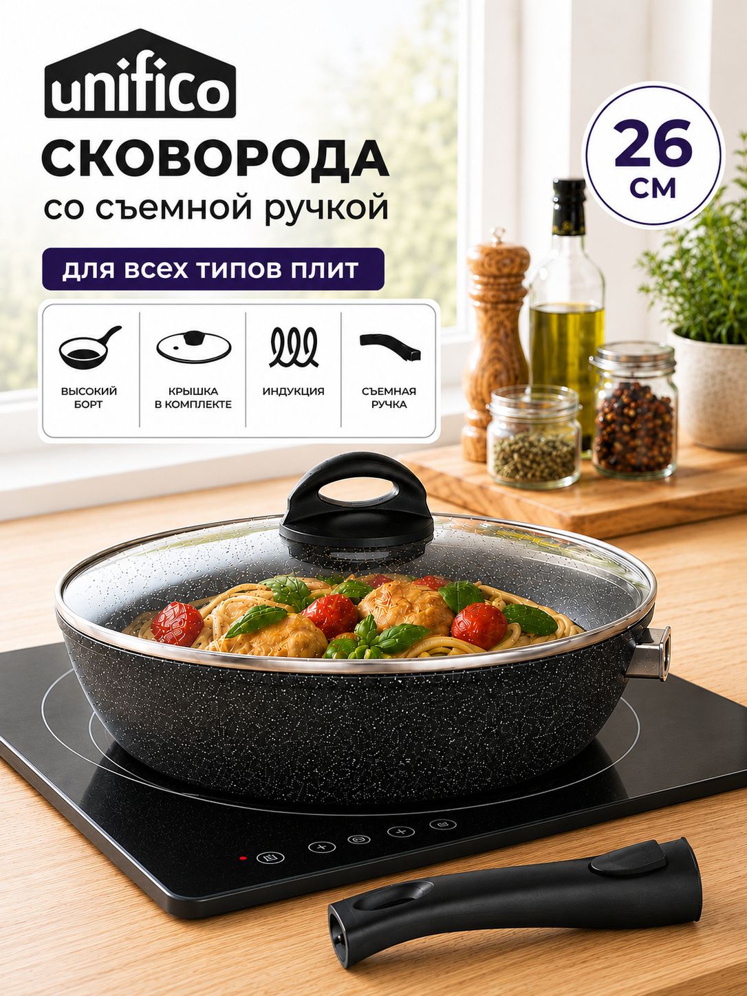 Сковорода со съемной ручкой и крышкой 26 см Вигоросо Неро / Vigoroso Nero (индукция, глубокая сковорода)