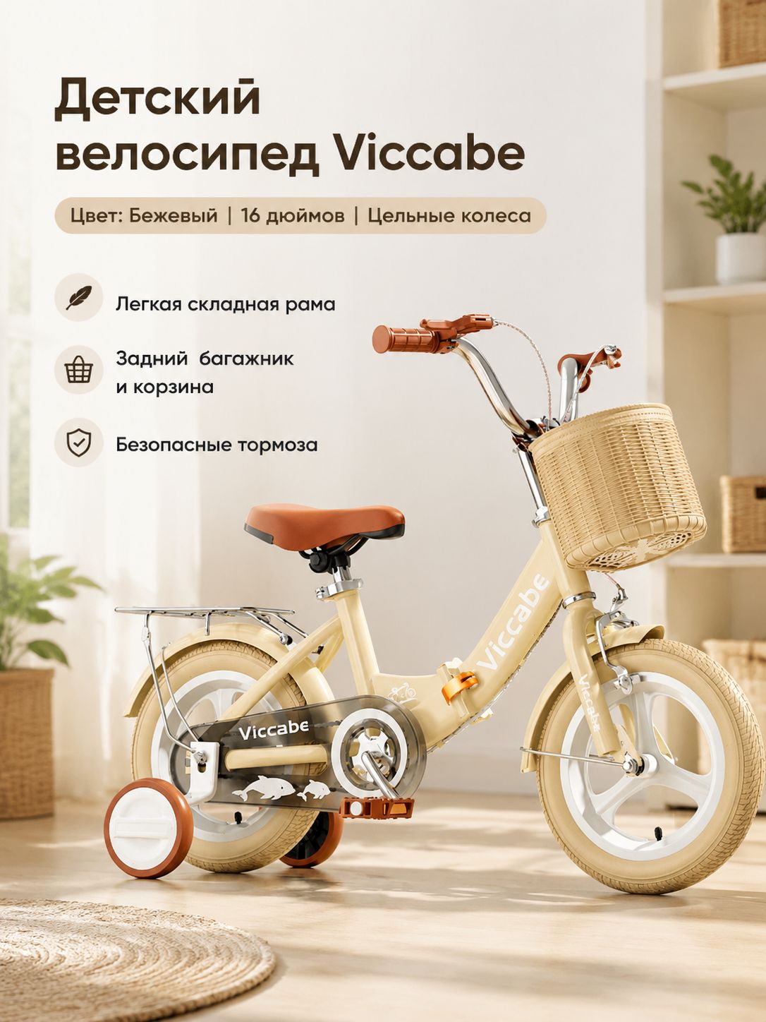 Детский велосипед складной, 16 дюймов, бежевый, с литыми колесами и задним сиденьем, стальная рама