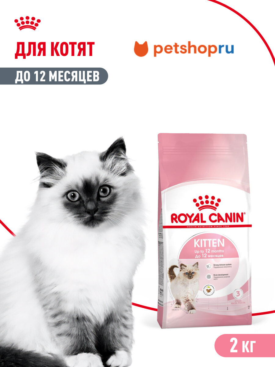 Корм Royal Canin сухой сбалансированный для котят в период второй фазы роста до 12 месяцев, Kitten, 2 кг.