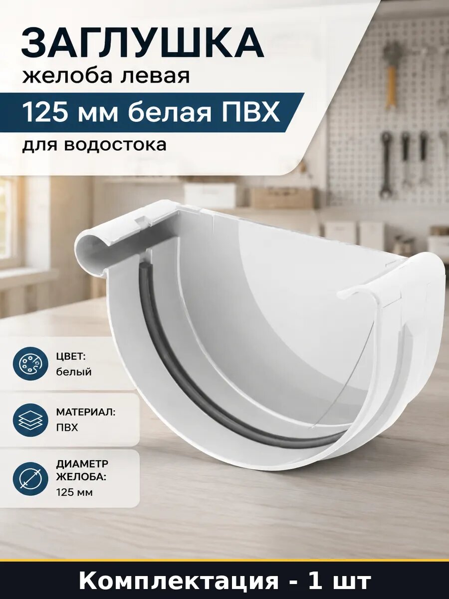 Заглушка желоба левая 125 мм белая ПВХ для водостока