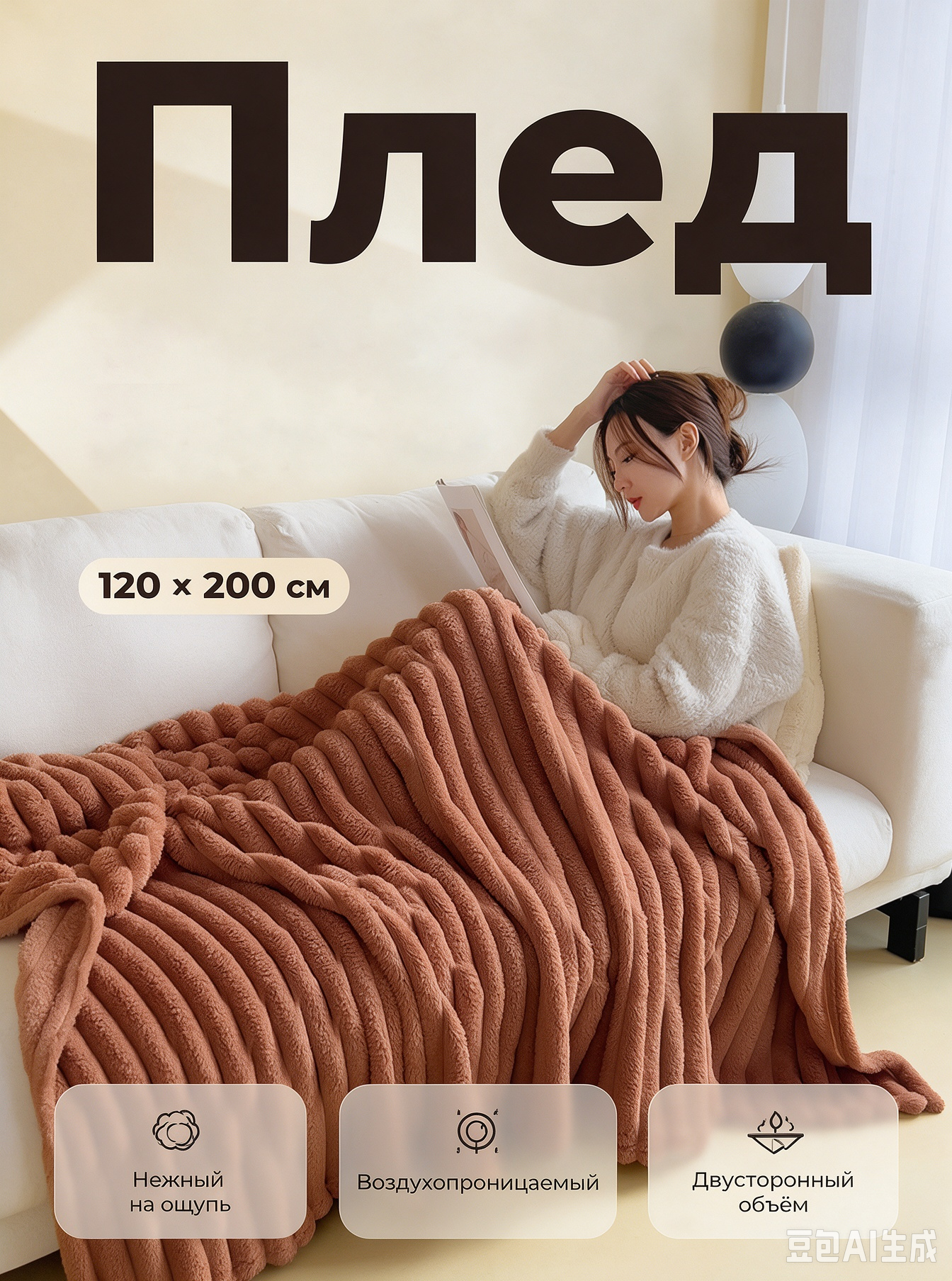 Плед 120 х 200 cm, пледы, коричневый, плед осенний, плед пушистый, плед теплый, 1 шт