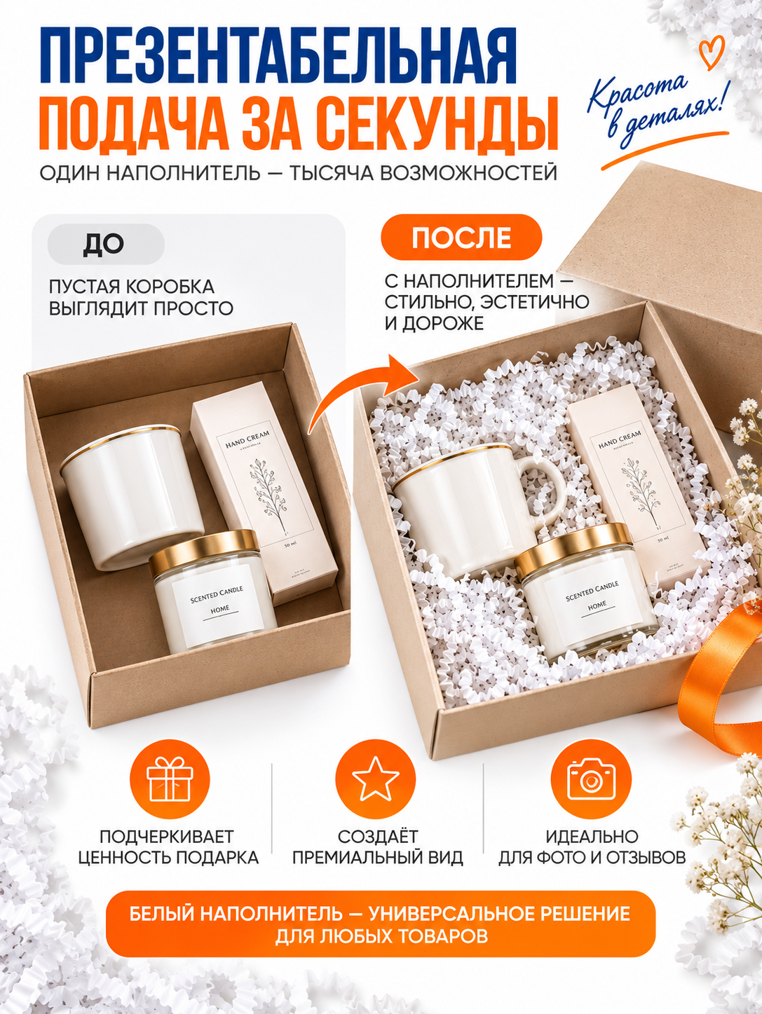 Наполнитель бумажный стружка/лапша белый для упаковок, подарочных коробок, 5 кг, 3 мм, 60 г/м², гофрированный — фото 1