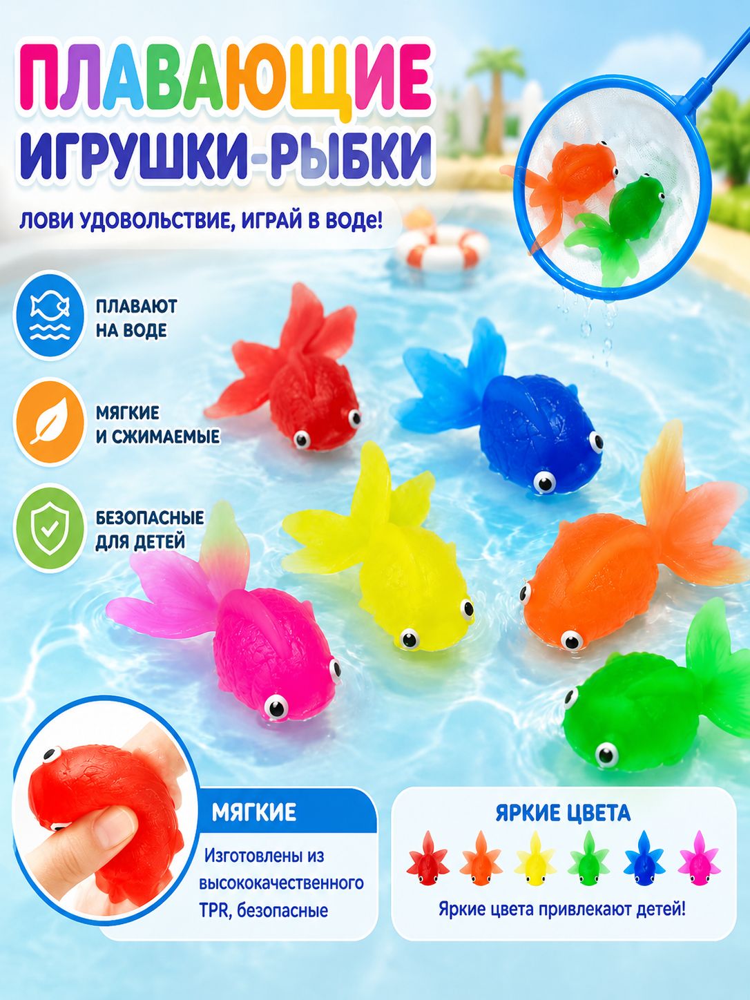 Игрушки для купания в ванной для малышей набор, 6 золотых рыбок + 1 рыболовная сеть