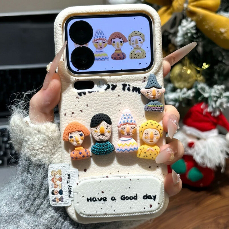 3D-фигурка Кожаный Зеркальный Подставка Защитный Чехол для iPhone 16 Pro Max - Белое Основание