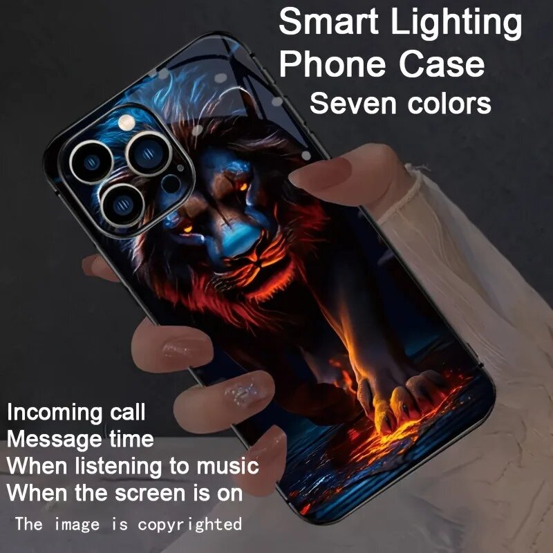 Светящийся чехол для телефона Flame Lion Dazzling LED с изображением животного для iPhone 17 Air 16 15 13 12 11 Pro Max 14 Plus 16e, стеклянный, с эффектом сияния