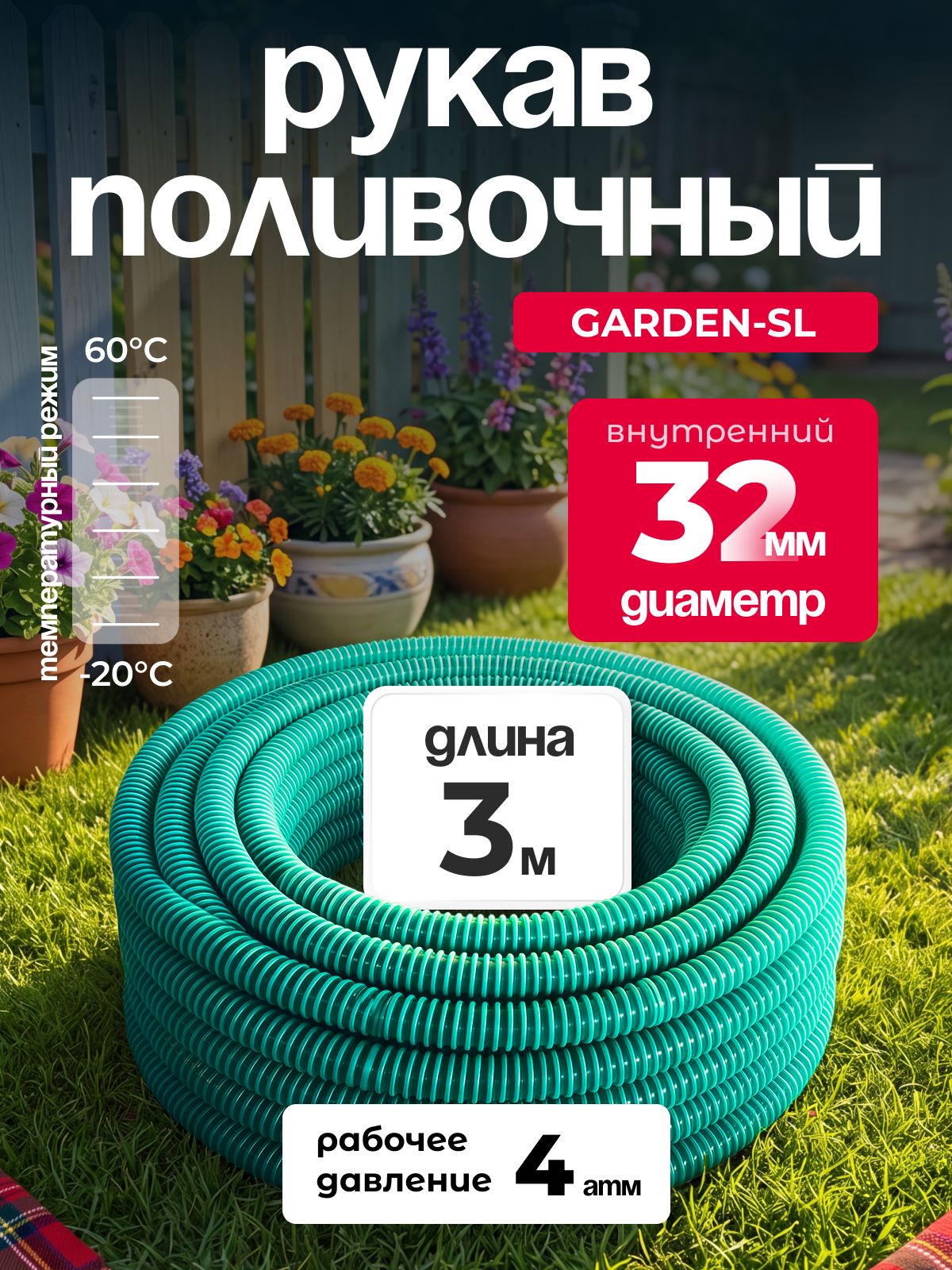 Рукав поливочный ПВХ GARDEN-SL, диаметр 32 мм, длина 3м