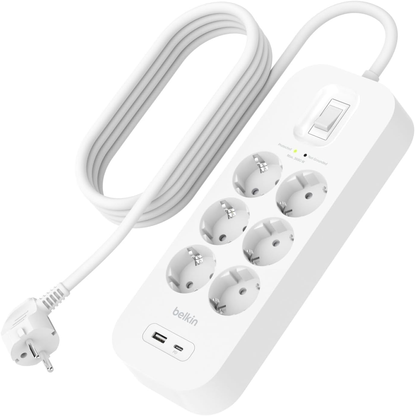 Сетевой фильтр Belkin 4X, 6 розеток, 1 USB-A, 1 USB-C, 650J , 2 метра, белый SRB002vf2M