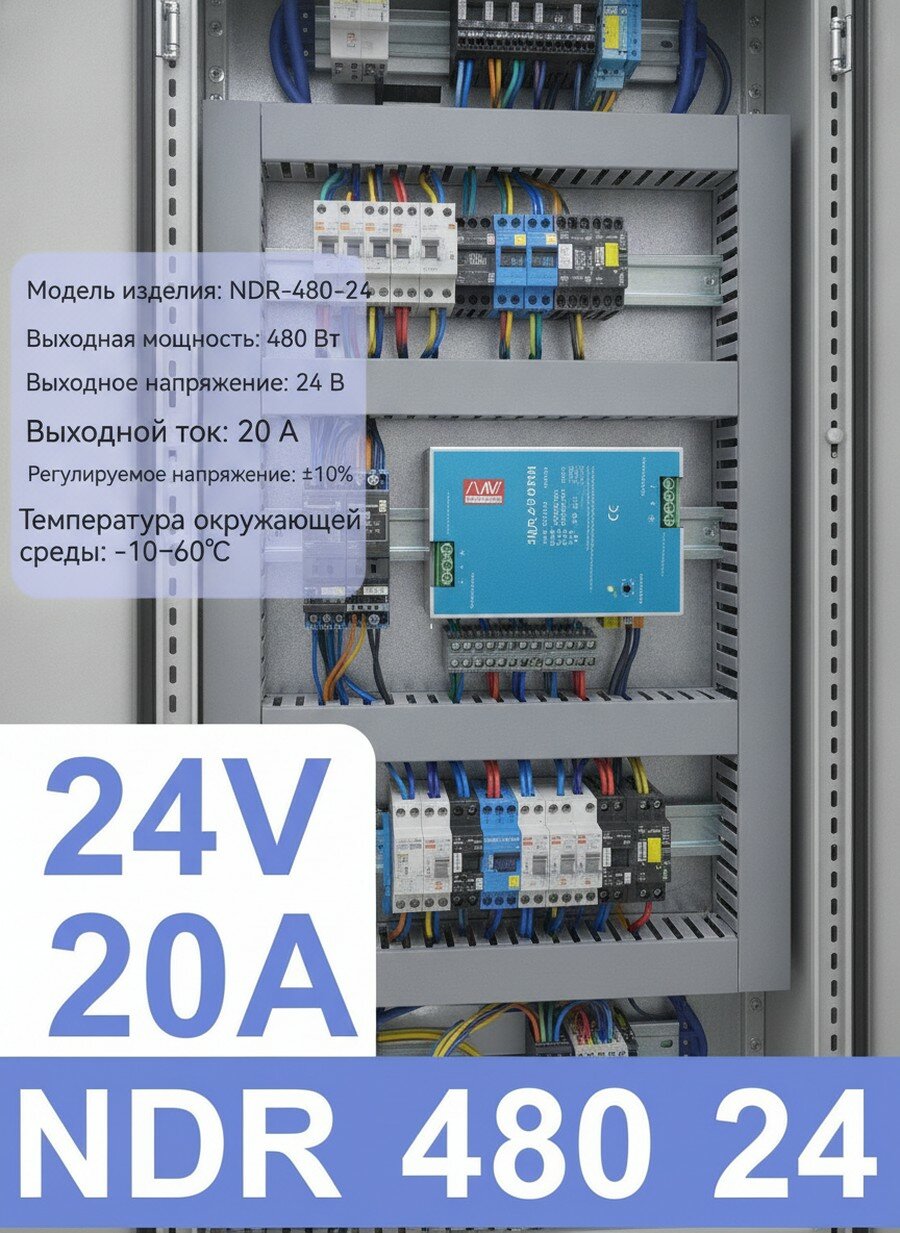 Импульсный трансформатор питания рельсового типа NDR-480-24, Выключатель электронный, Корпус из ABS пластика