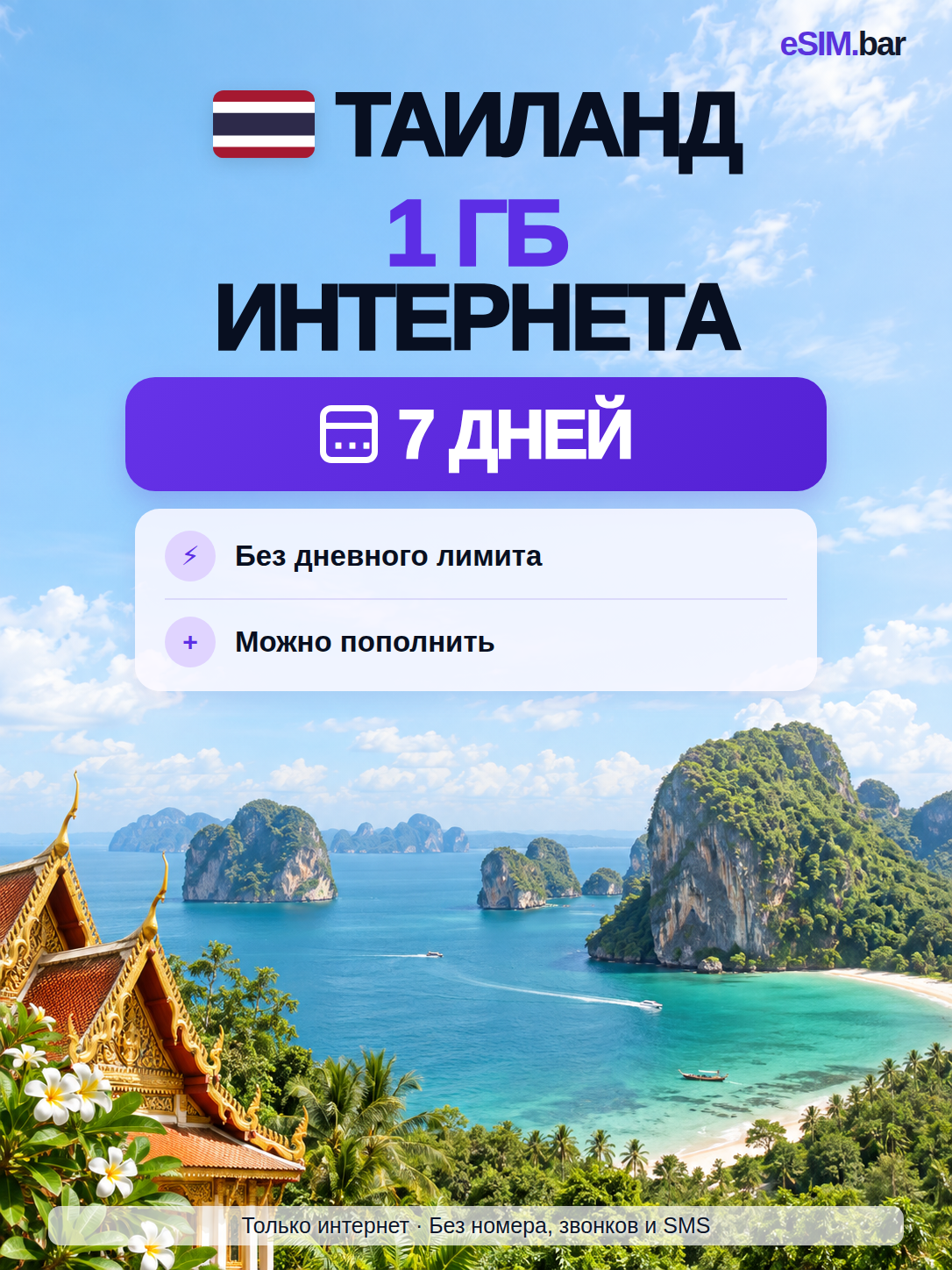ESIM для Таиланда — 1 ГБ на 7 дней, без дневного лимита, с пополнением