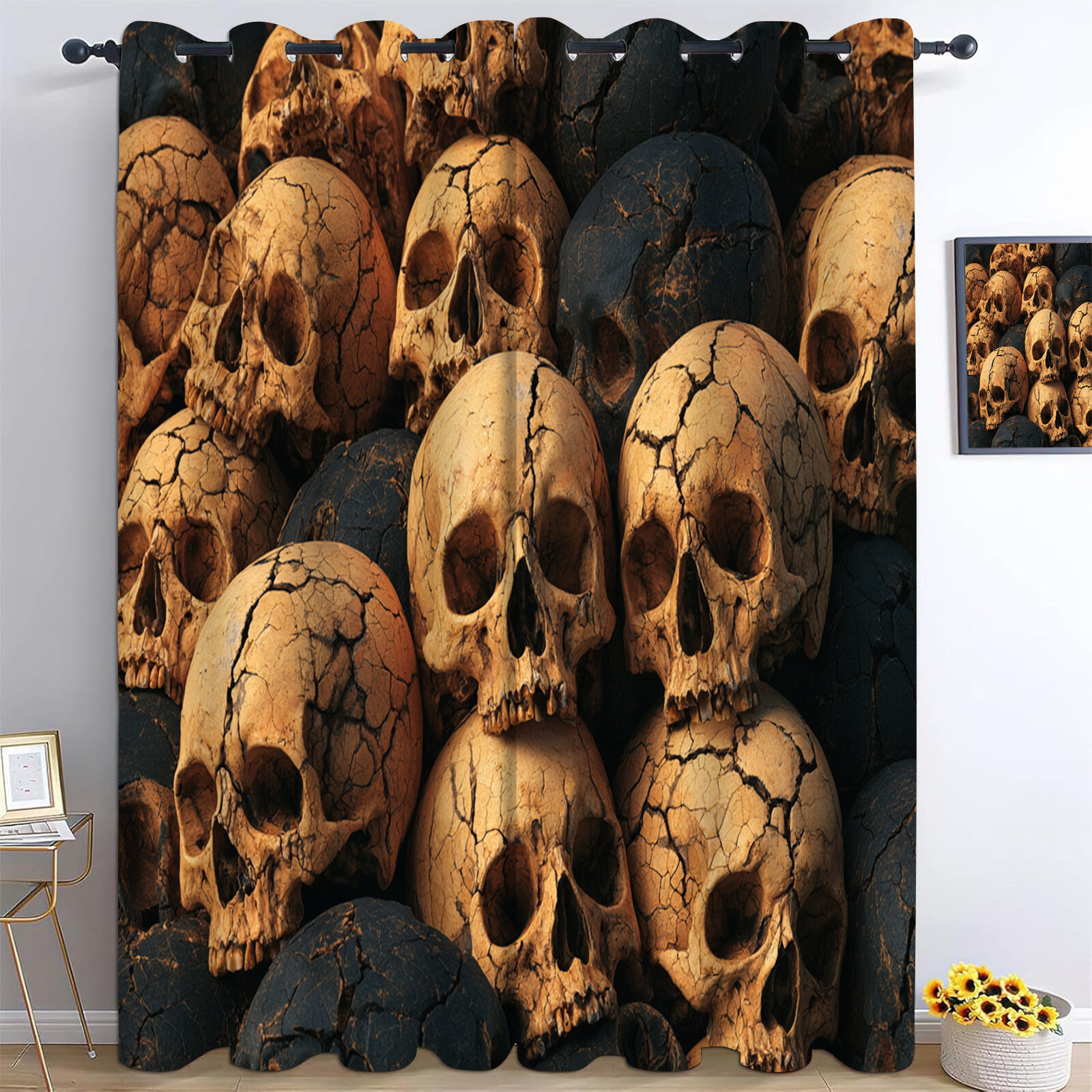 Портьеры блэкаут на люверсах 145x240cm 2 шт, Готика Черепами интерьерные плотные шторы затемняющие