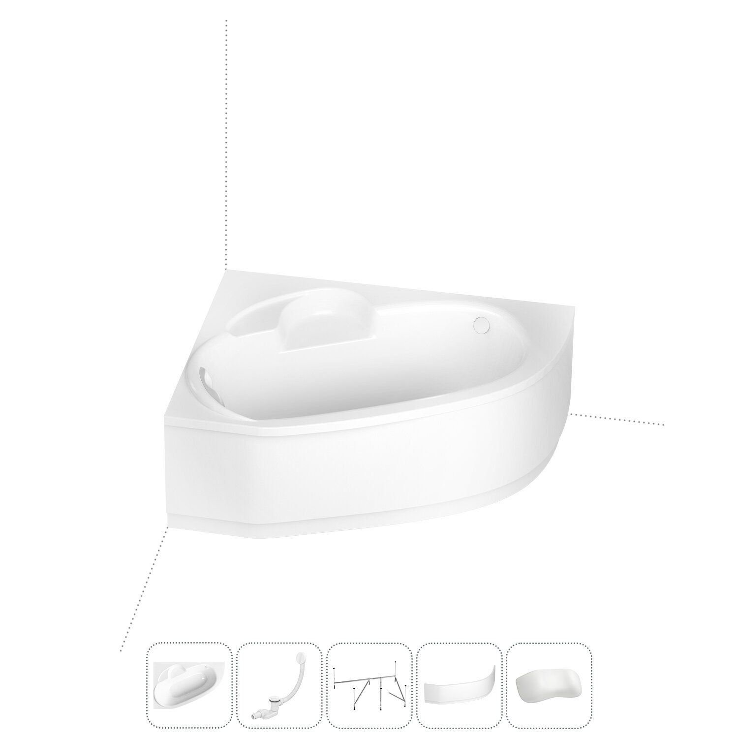 Угловая ванна акриловая 160 x 105 с каркасом и экраном Lavinia Boho Bell Pro 202011683 в наборе 5 в 1: асимметричная ванна (левый разворот), слив-перелив, каркас, экран, подголовник