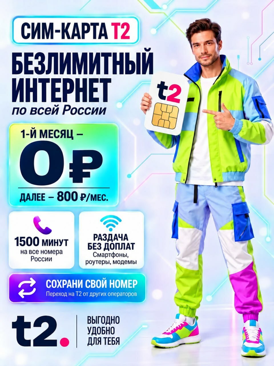 Сим-карта T2 Безлимитный интернет | 1000 мин | 350₽/мес | 1-й мес 0₽ | Перенос номера