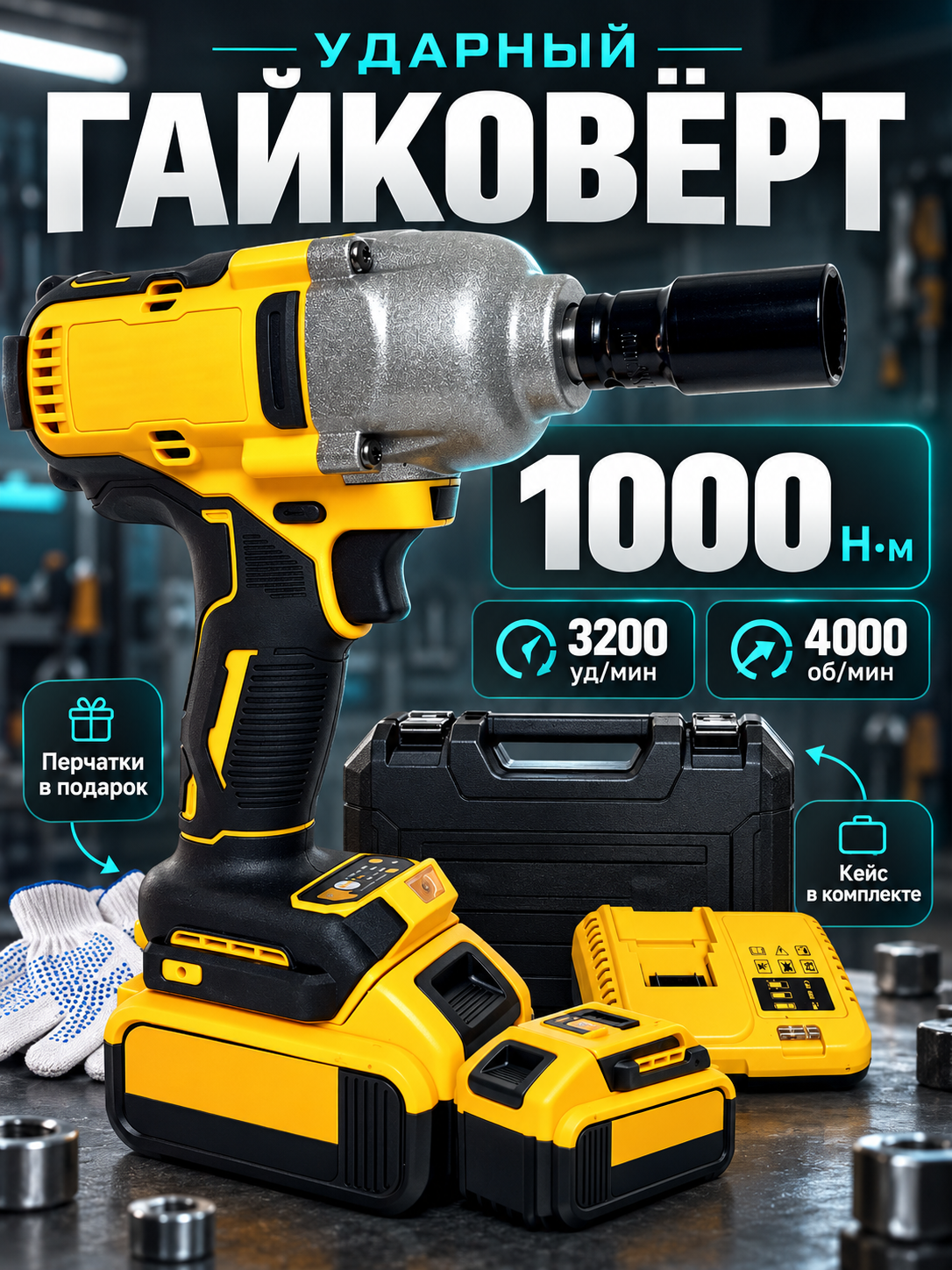 Профессиональный Гайковёрт аккумуляторный, мощный 1000Нм/36v/2АКБ Li-Ion/бесщёточный