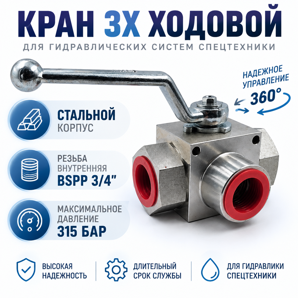 Кран шаровый трехходовой/резьба внутренняя BSPP 3/4/давление до 315 бар