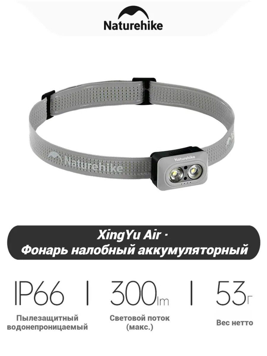 Налобный фонарь, 300 лм, IP66, 53 г, 3 режима, CREE, светло-серый