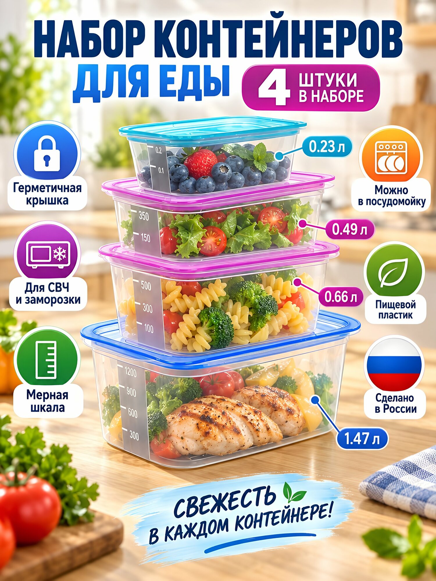 Набор пищевых контейнеров Good&Good SS60, 4 шт, 0.23–1.47 л, герметичные