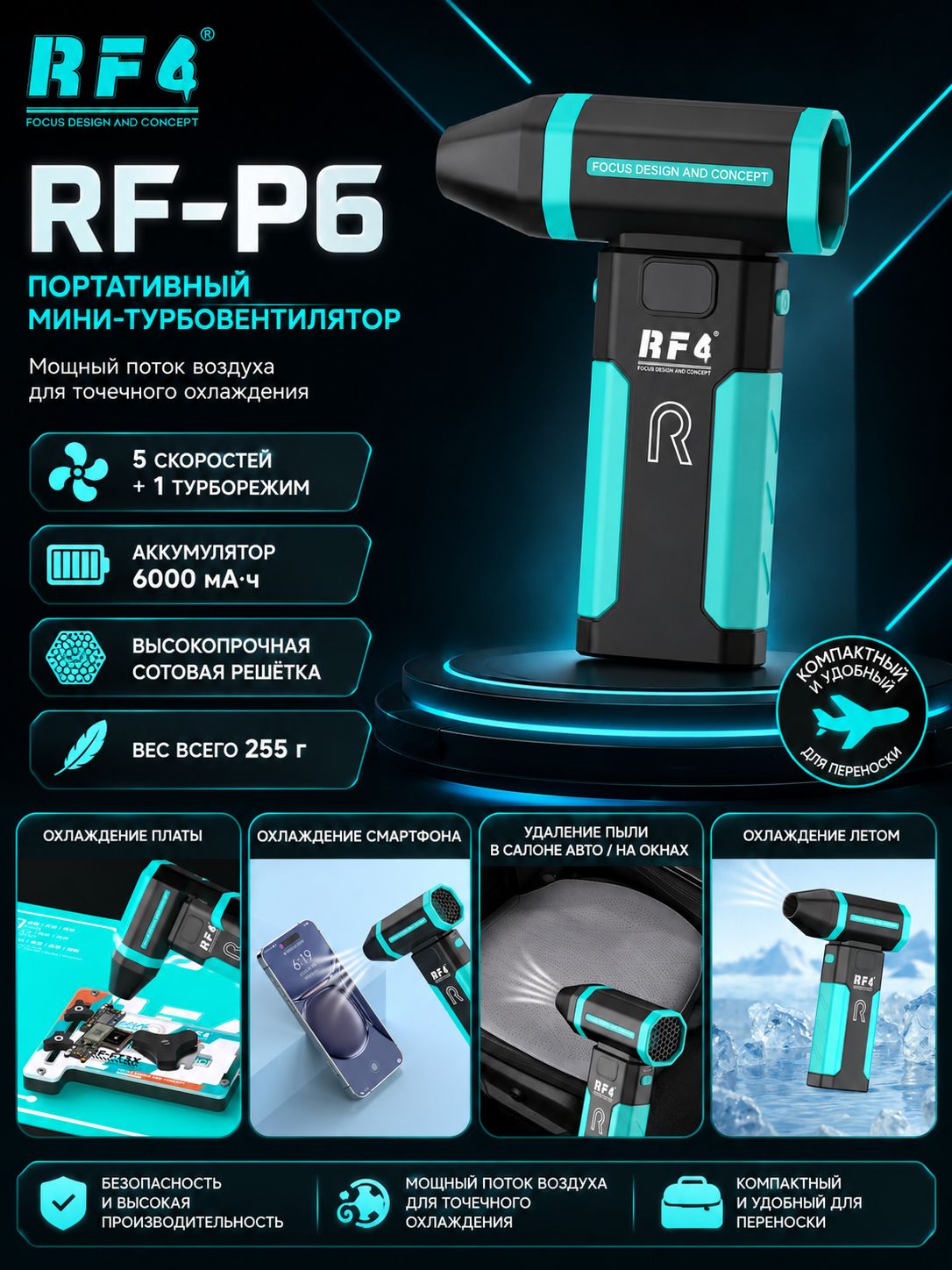 RF4 P6 мини ручной вентилятор высокой мощности, портативный турбовентилятор с аккумулятором 6000mAh, 6 режимов скорости
