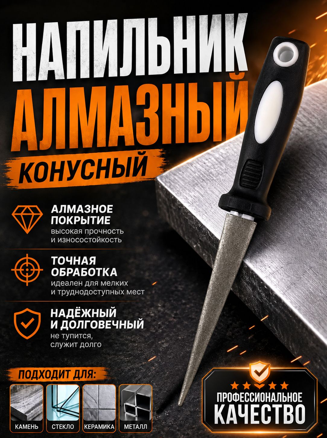 Напильник по металлу; алмазный надфиль по металлу; конический напильник; ручной инструмент с рукояткой; для шлифовки и точной обработки