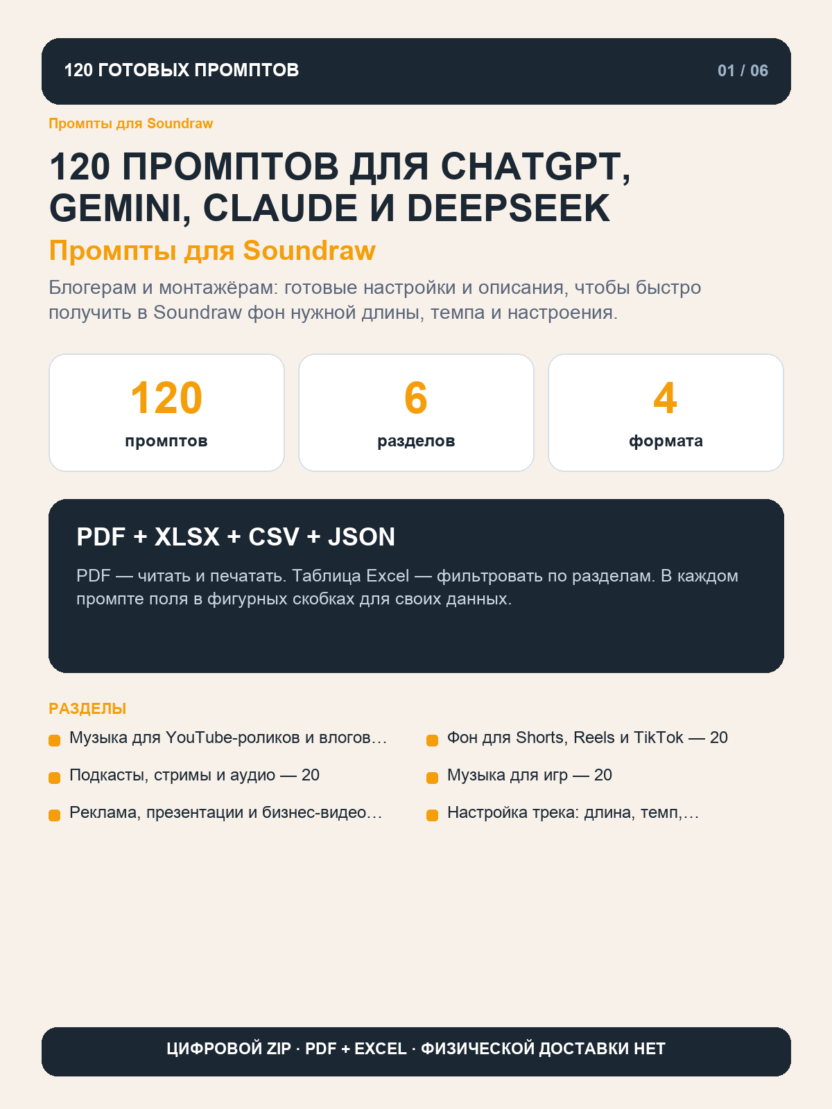 Промпты для Soundraw: 120 запросов для музыки к YouTube-роликам, играм и рекламе, цифровая книга PDF A4