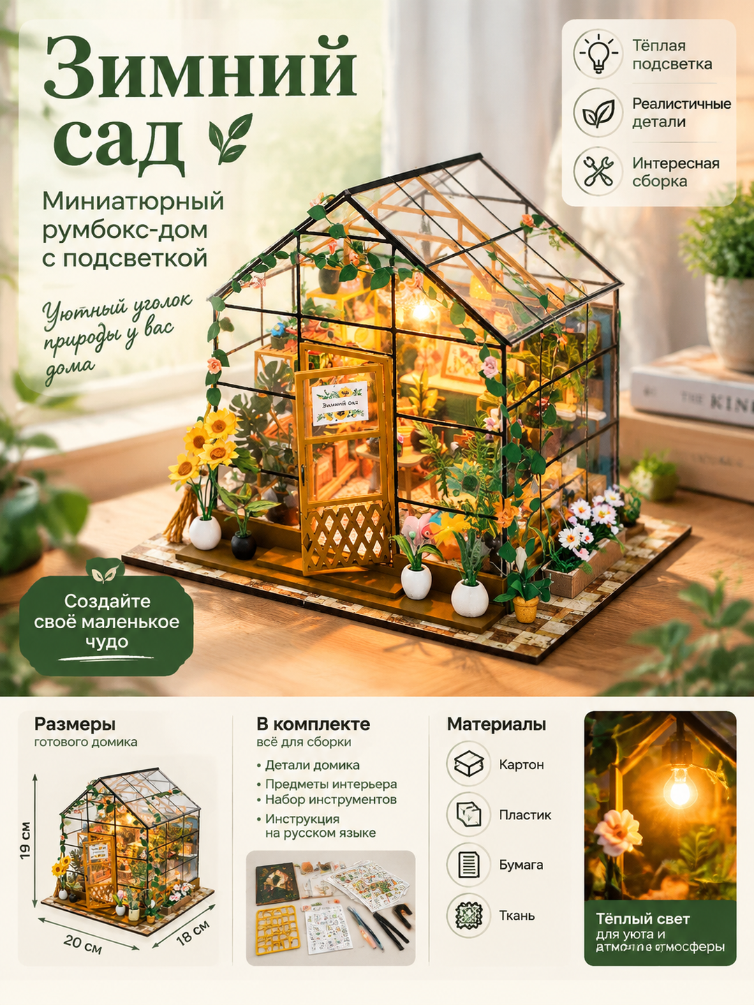 Миниатюрный румбокс-дом «Зимний сад» с подсветкой, 200×180×190 мм