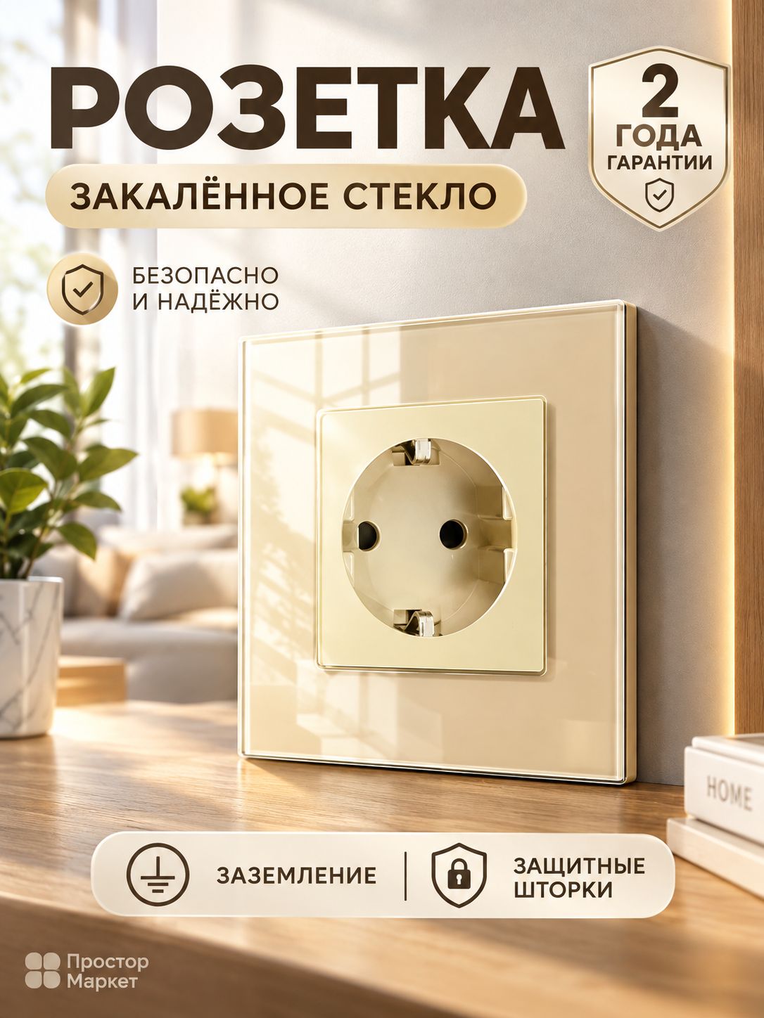 Розетка одинарная Alev Neo с заземлением и шторками, рамка из закалённого стекла, золотая стильный дизайн, безопасность, защита от детей