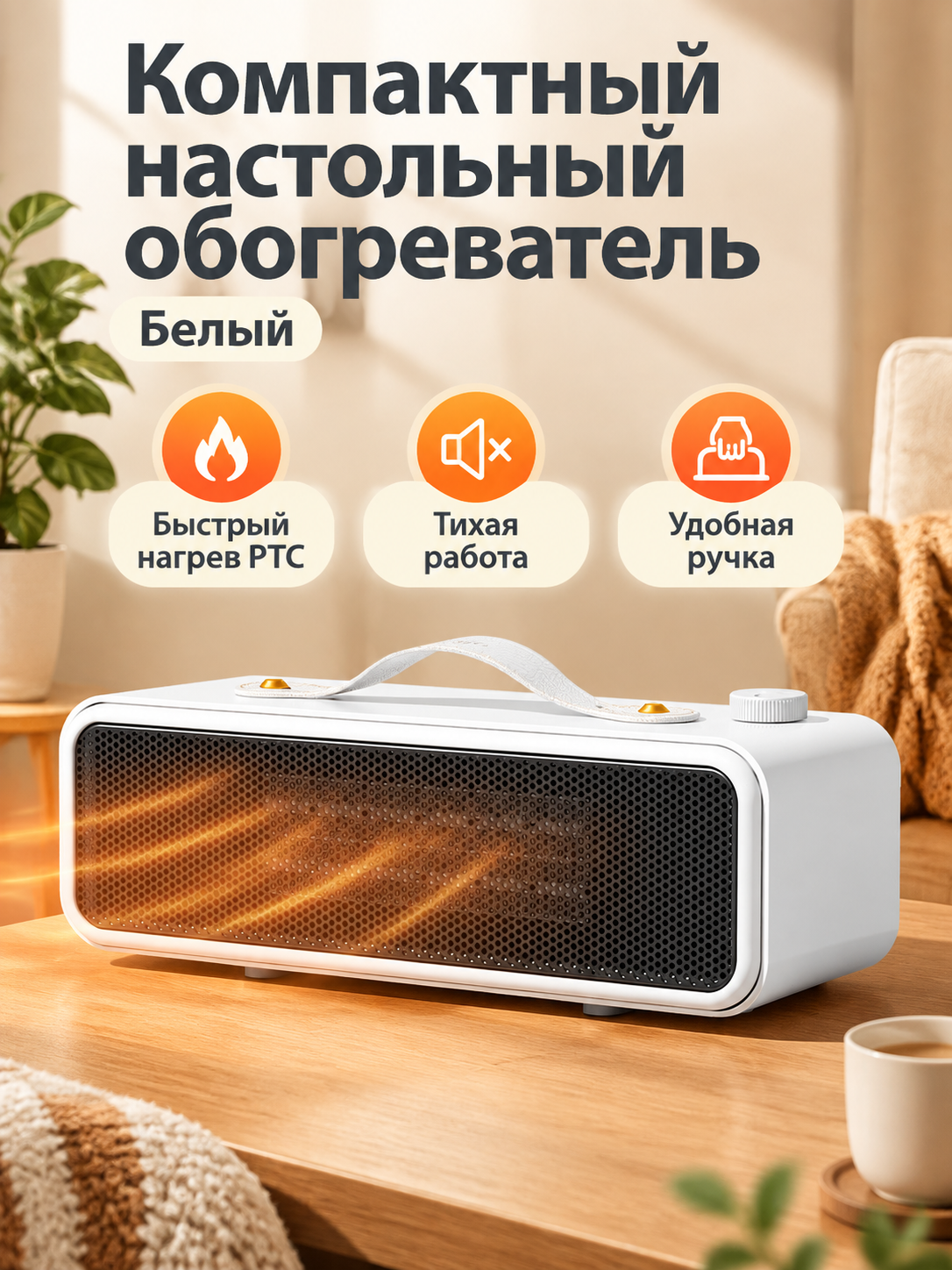 Настольный обогреватель PTC белый, европейский стандарт 230В, компактный керамический нагреватель с защитой от опрокидывания
