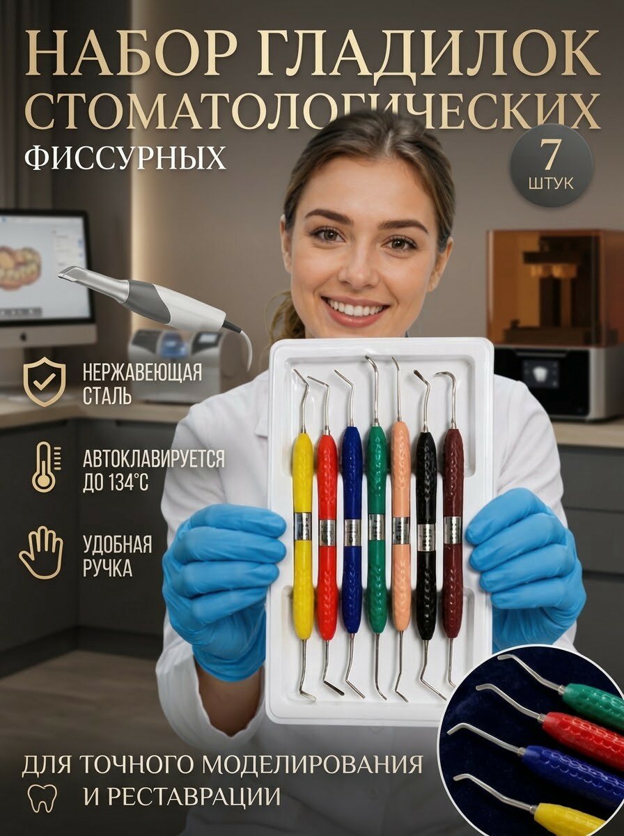 Набор стоматологических гладилок фиссурных СТ 1-7 из нержавеющей стали, 7 инструментов, двусторонние наконечники