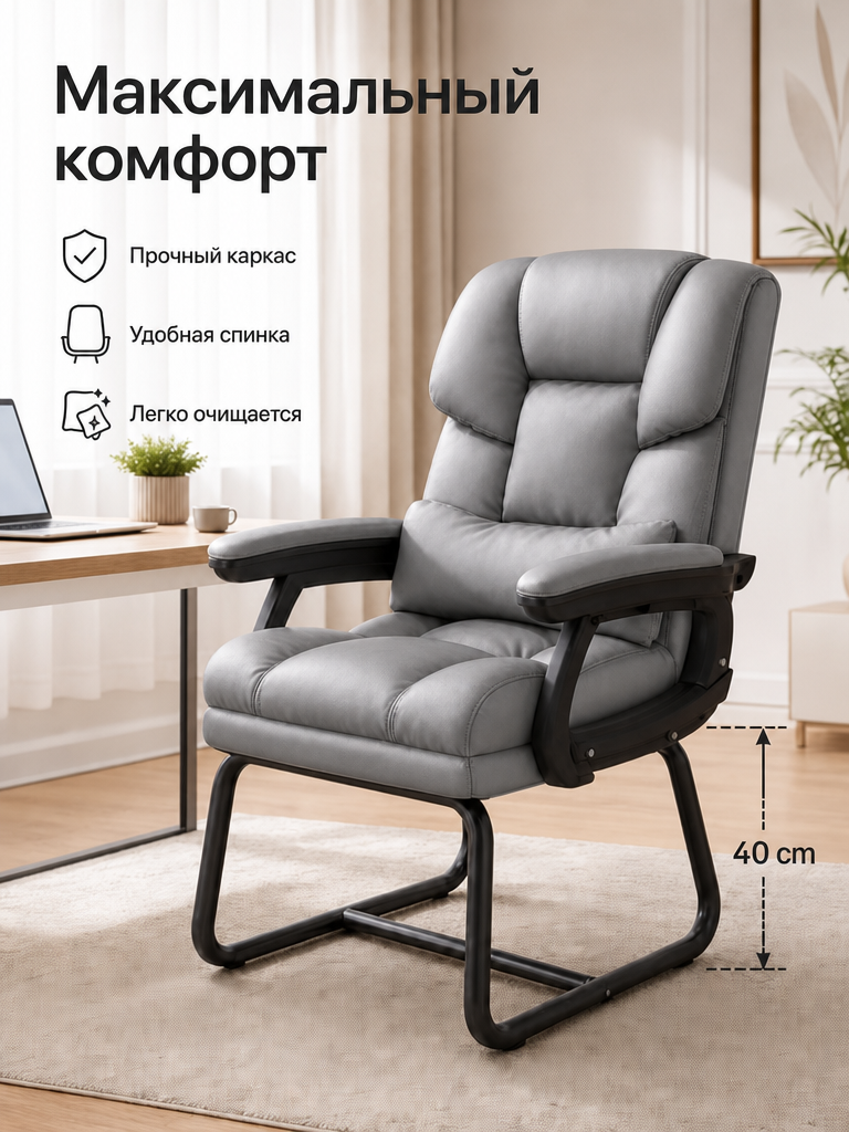 Компьютерное кресло серое, с поясничной подушкой, устойчивые ножки, для дома