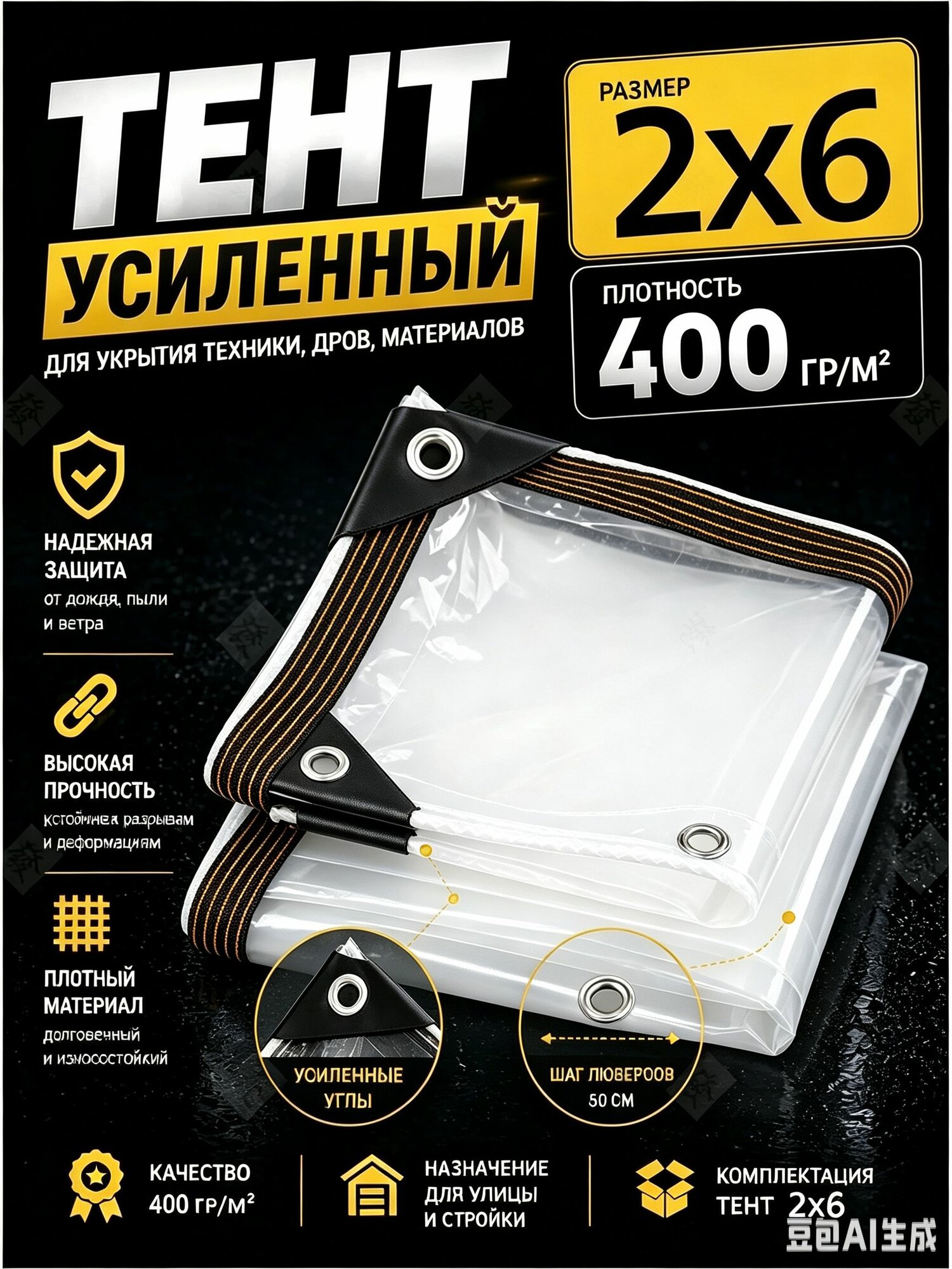 Тент укрывной2X6 м, 400 г/м , влагостойкий тент с люверсами, защитное покрытие от дождя, ветра и пыли для навеса, теплицы, машины и стройки