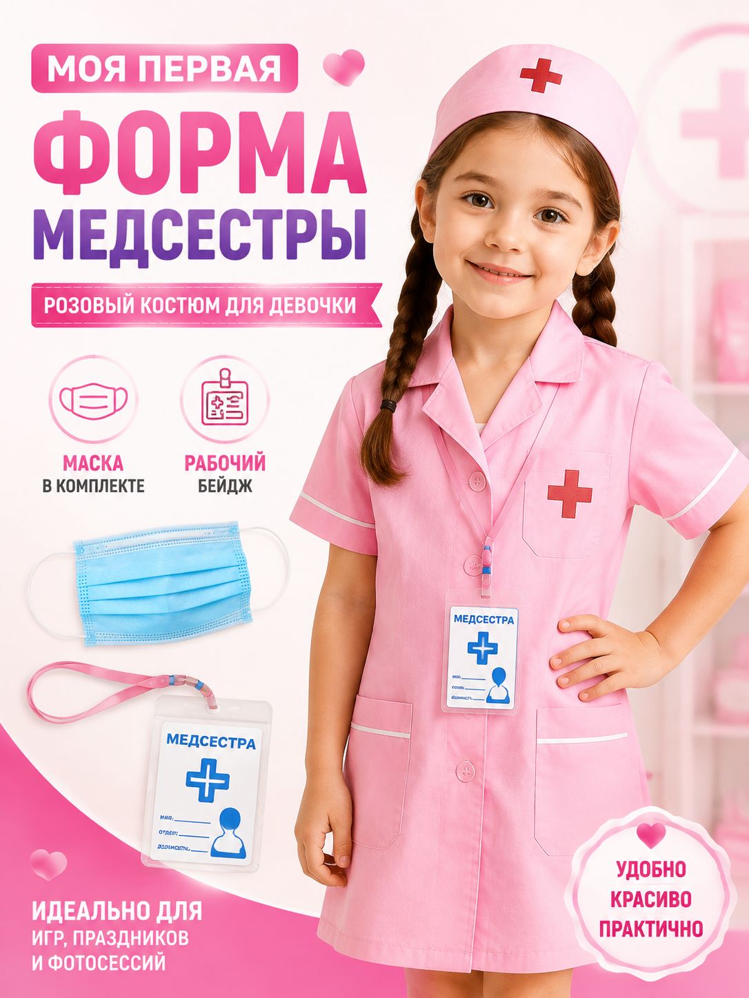 Детский костюм медсестры розовый для девочки, форма медсестры для ролевых игр, детского сада, утренника и фотосессии