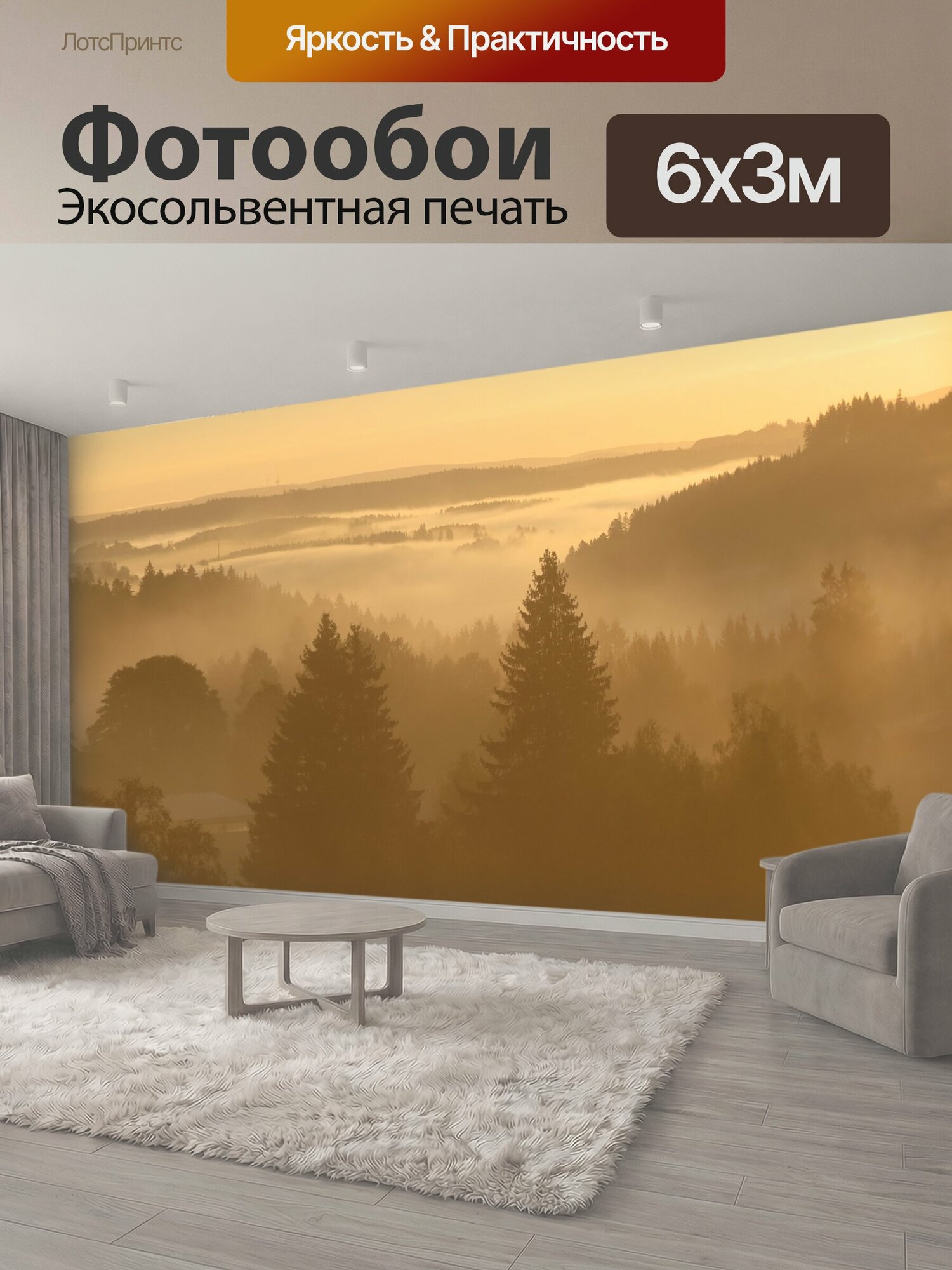Фотообои "Черный лес, утренний туман, пейзаж" 600x300 см. экосольвентная печать