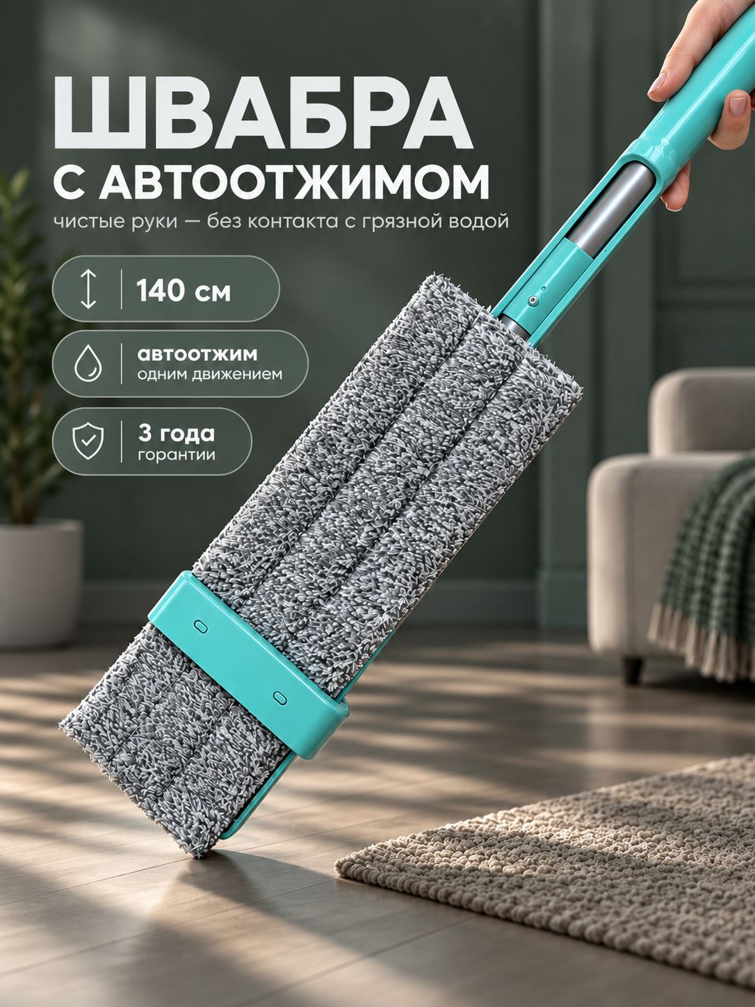 Hausmann Швабра с отжимом и насадкой из микрофибры, бирюзовая