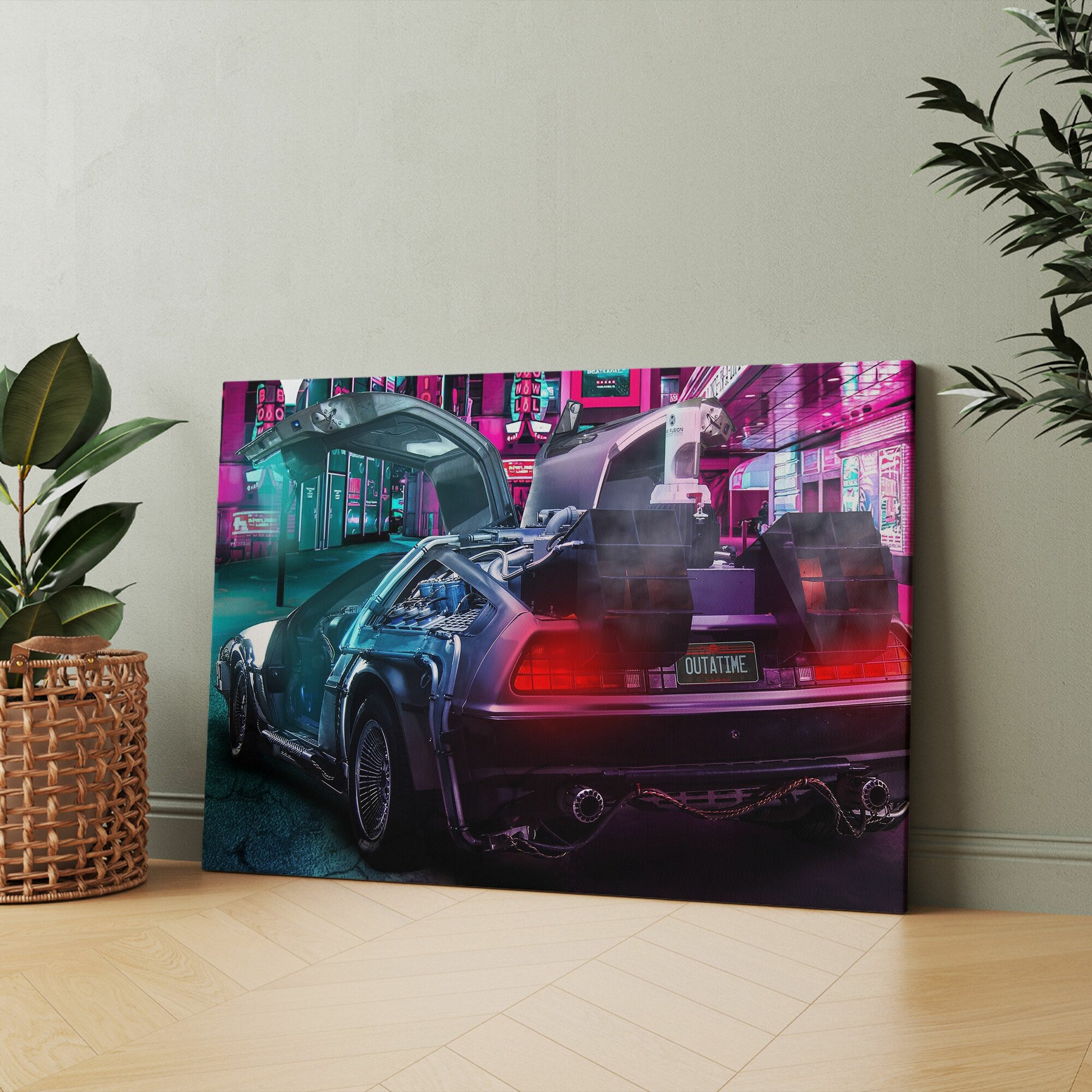 Картина на холсте (delorean dmc 12 машина неон киберпанк cyberpunk времени) 40x60 см/для интерьера/в комнату/на стену/в подарок