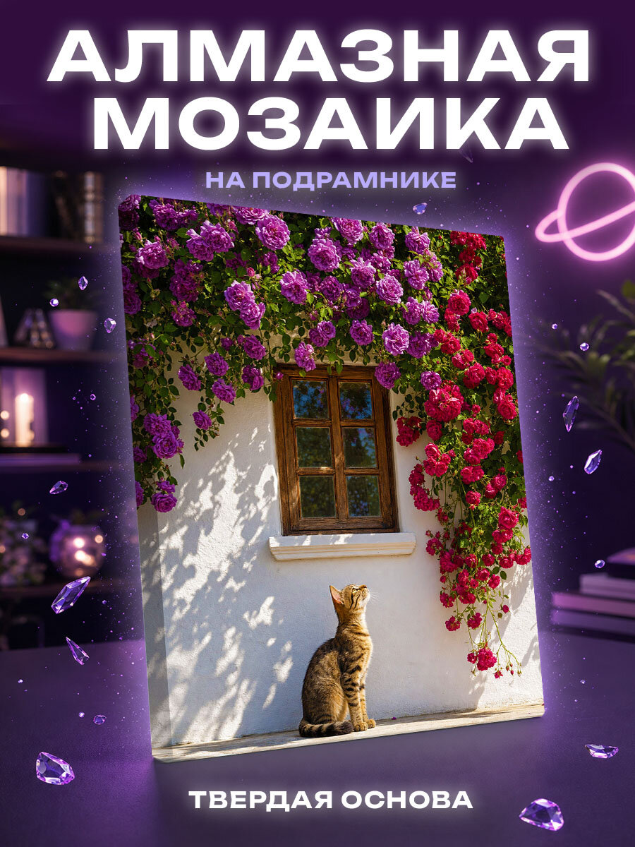 Алмазная мозаика Котёнок у цветущего окна