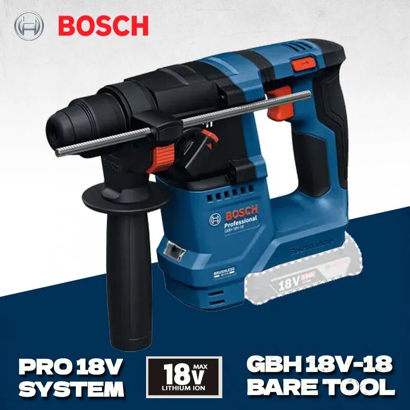 Аккумуляторный перфоратор Bosch GBH 18V-18 бесщеточный двигатель 18В SDS-plus, энергия удара 1,5 Дж, система KickBack Control, виброзащита Vibration Control, 2 режима работы, компактный корпус
